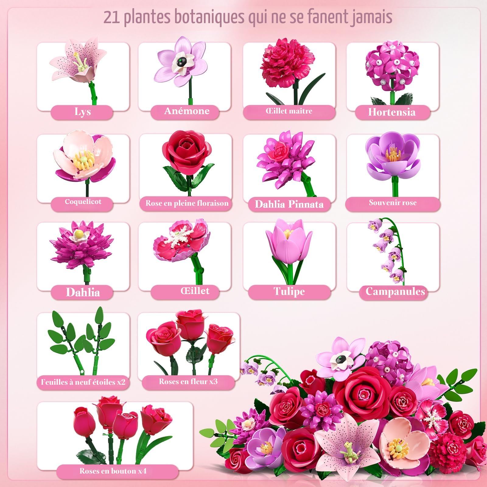 CUBIMANA Bouquet de Fleurs LED 21 Roses Rouges Collection Botanique 832PCS