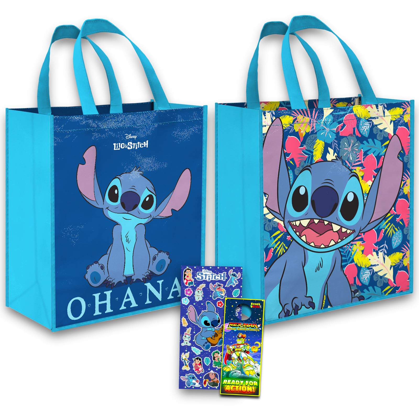 Disney Stitch Tote Bag Bundle Lilo and Stitch Accessories - 3 Pc Stitch Grocery Bag Set with Disney Tsum Tsum Stickers (Stitch Reusable Bags)