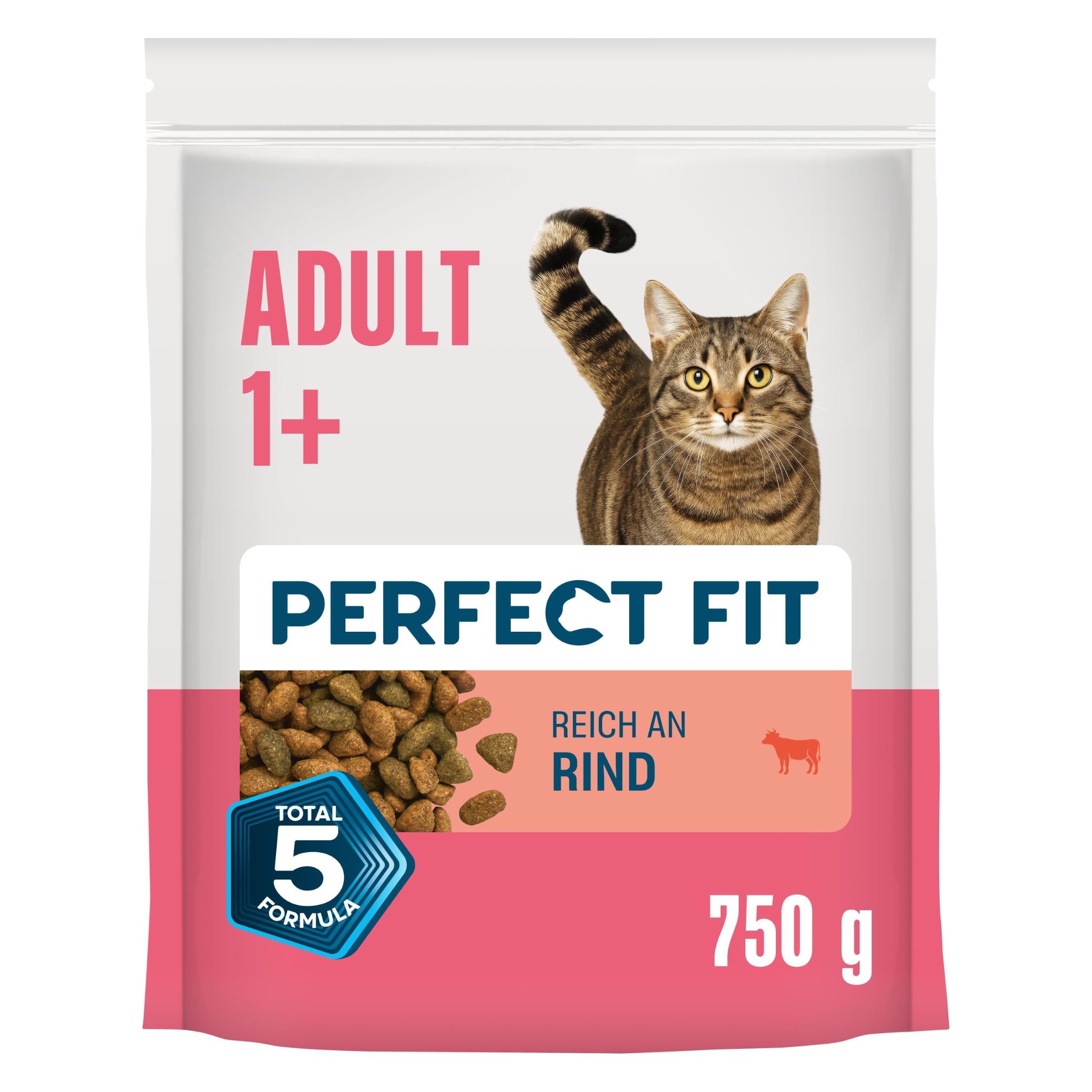 PERFECT FIT Adult Trockenfutter für erwachsene, aktive Katzen ab 1 Jahr - Rind, 750g (6 Beutel)