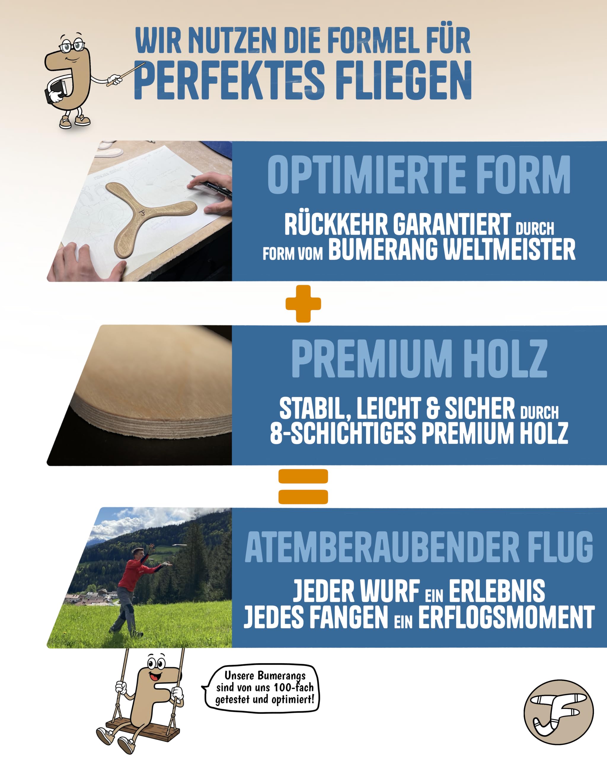 Bumerang New York | Anfänger | Boomerang ab 10 J. | Handgefertigt in DE | Premium Holz | Form vom Weltmeister | Verf. als Rechts- und Linkshänder