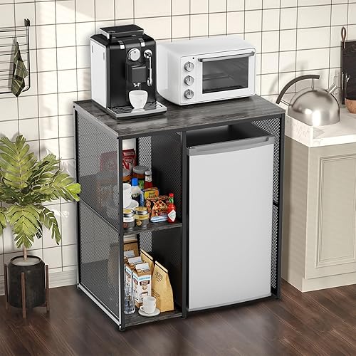 Miniatura 2 de Armario de barra de café de 3 niveles con espacio para mini refrigerador, soporte rústico de microondas gris resistente, estante organizador de