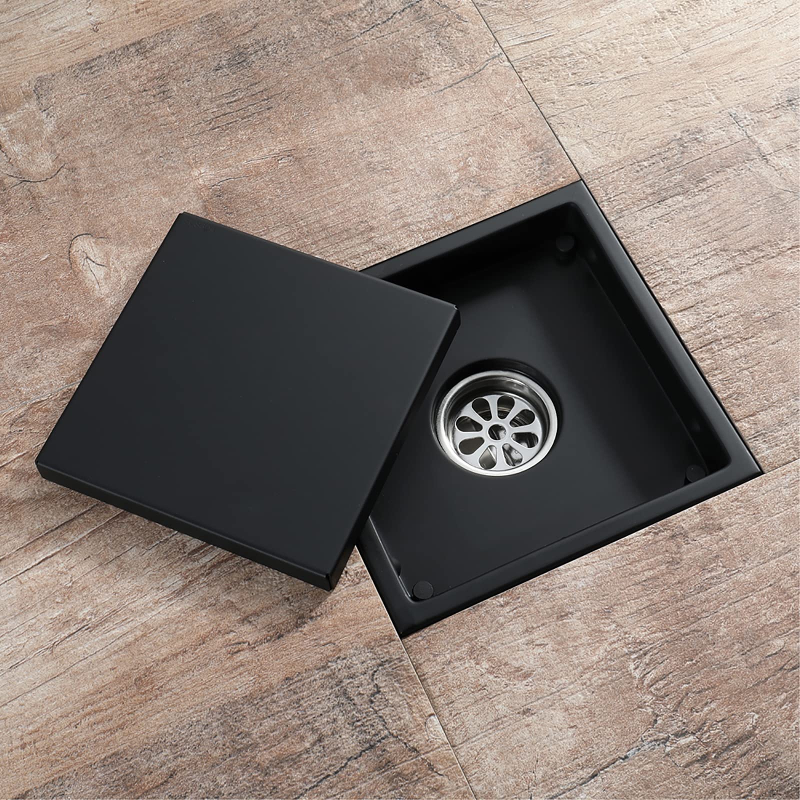 Caniveau de Douche carré de 15 cm avec Grille d'insertion pour carrelage, caniveau de Douche carré avec Filtre à Cheveux, caniveau de Douche en Acier Inoxydable 304 pour Salle de Bain, Noir