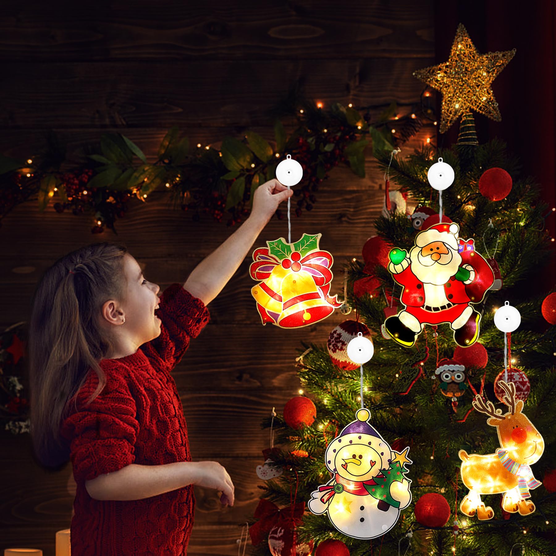 YeahBoom 4er Set Mehrfarbige LED Weihnachtsbeleuchtung Doppelseitig Saugnapf Timer (ohne Batterie) für Innen und Außen Beleuchtung