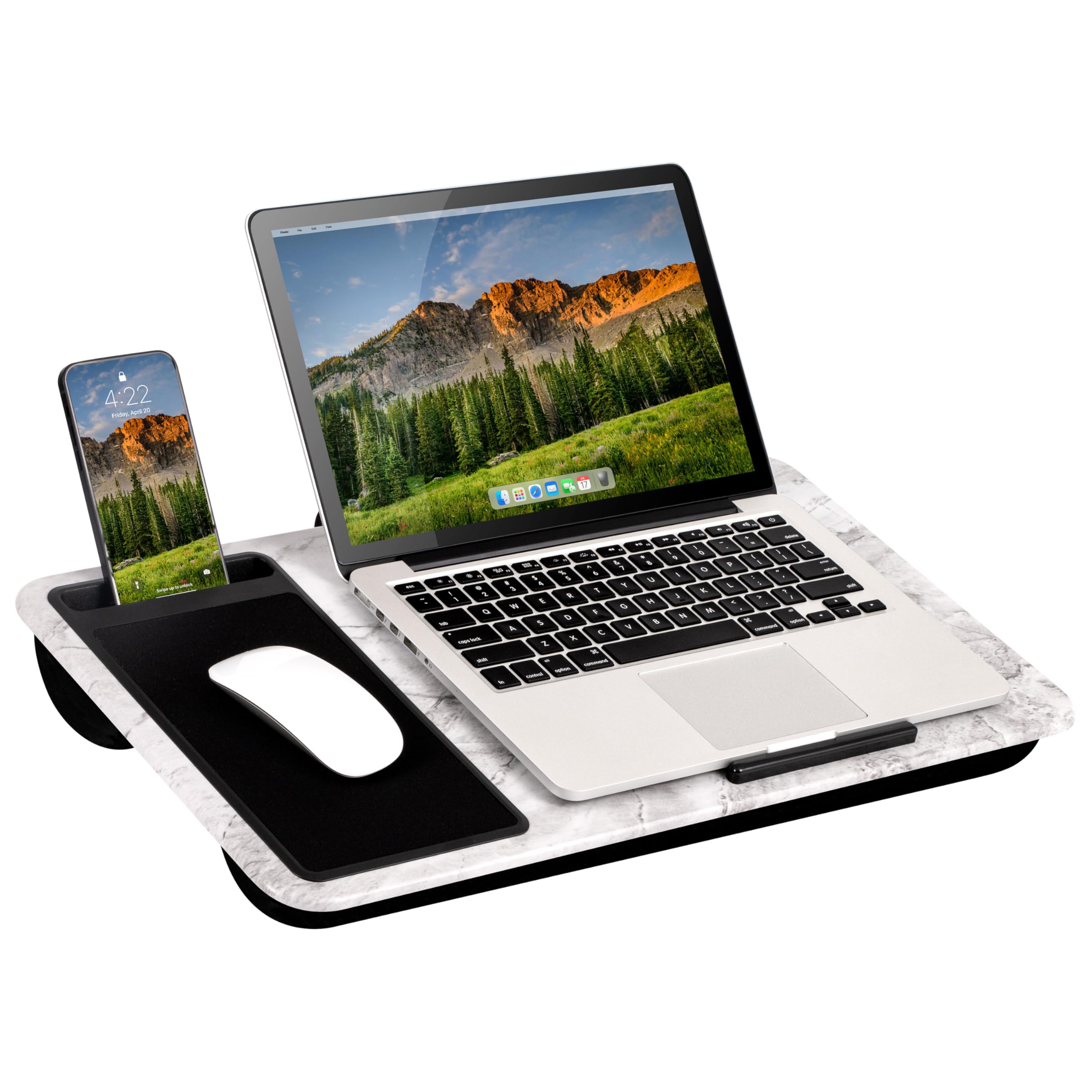Home Office Lap Desk - Left Handed - with Device Ledge, Mouse Pad, and Phone Holder - White Marble - Fits Up to 15.6 Inch Laptops - Style No. 91411