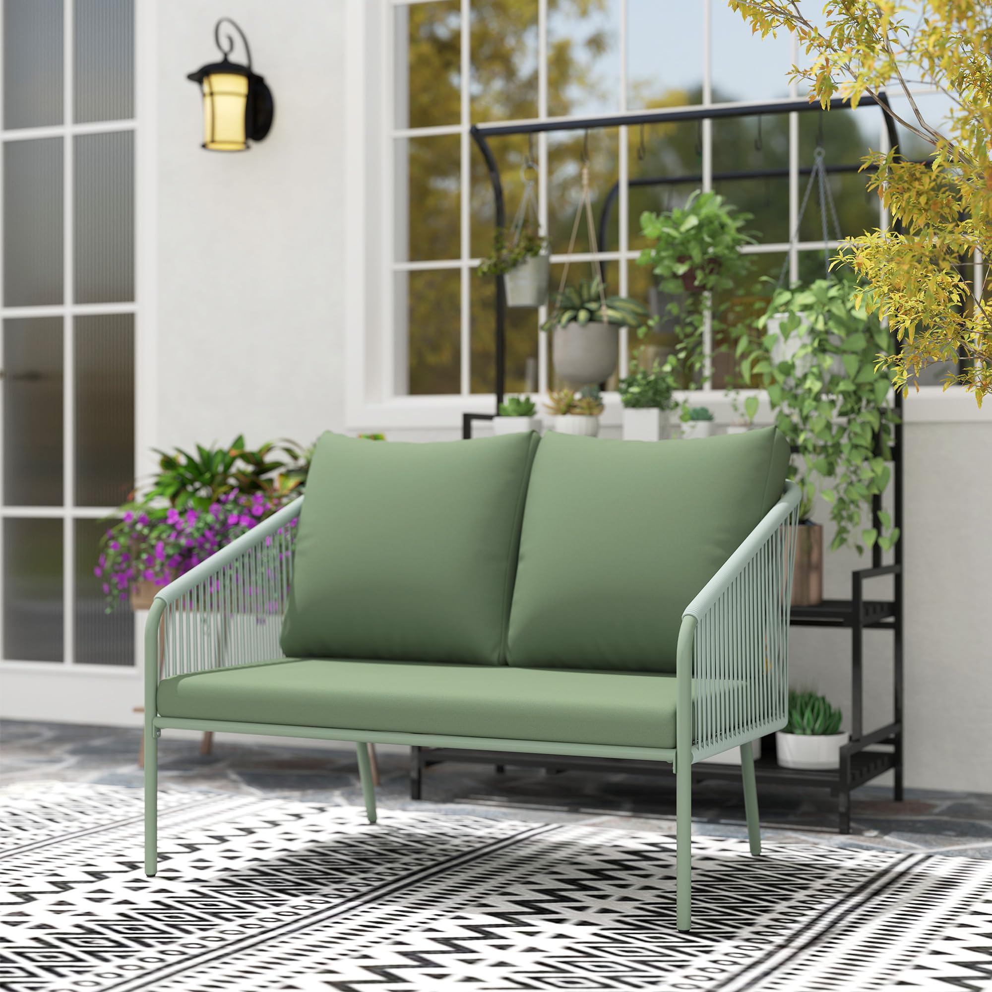 Outsunny Canapé de Jardin 2 Places Résine Tressée Coussins Accoudoirs Cadre Acier Vert