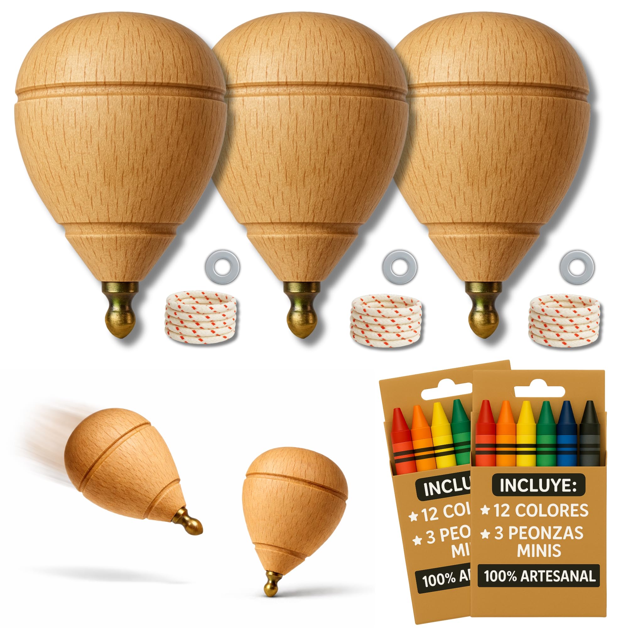 AF® - Peonza Madera, Set 2 Peonzas Niños + 6 Ceras de Colores para Niños + 2 bolsas transporte y 2 arandelas para la cuerda | Personaliza tu Trompo de Madera Tradicional — view 8