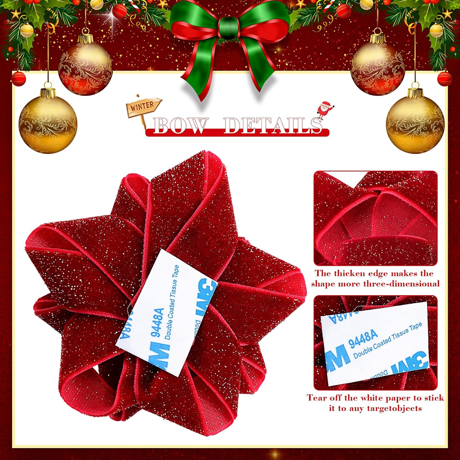 Knitgrip 24 Pcs Christmas Burgundy Red Velvet Gift Bow for Gift Wrapping 2.76'' Christmas Self Adhesive Glitter Ribbon Bows Stick on Flocked for Xmas Present Wrapping Decor Wreaths Tree - Image 3