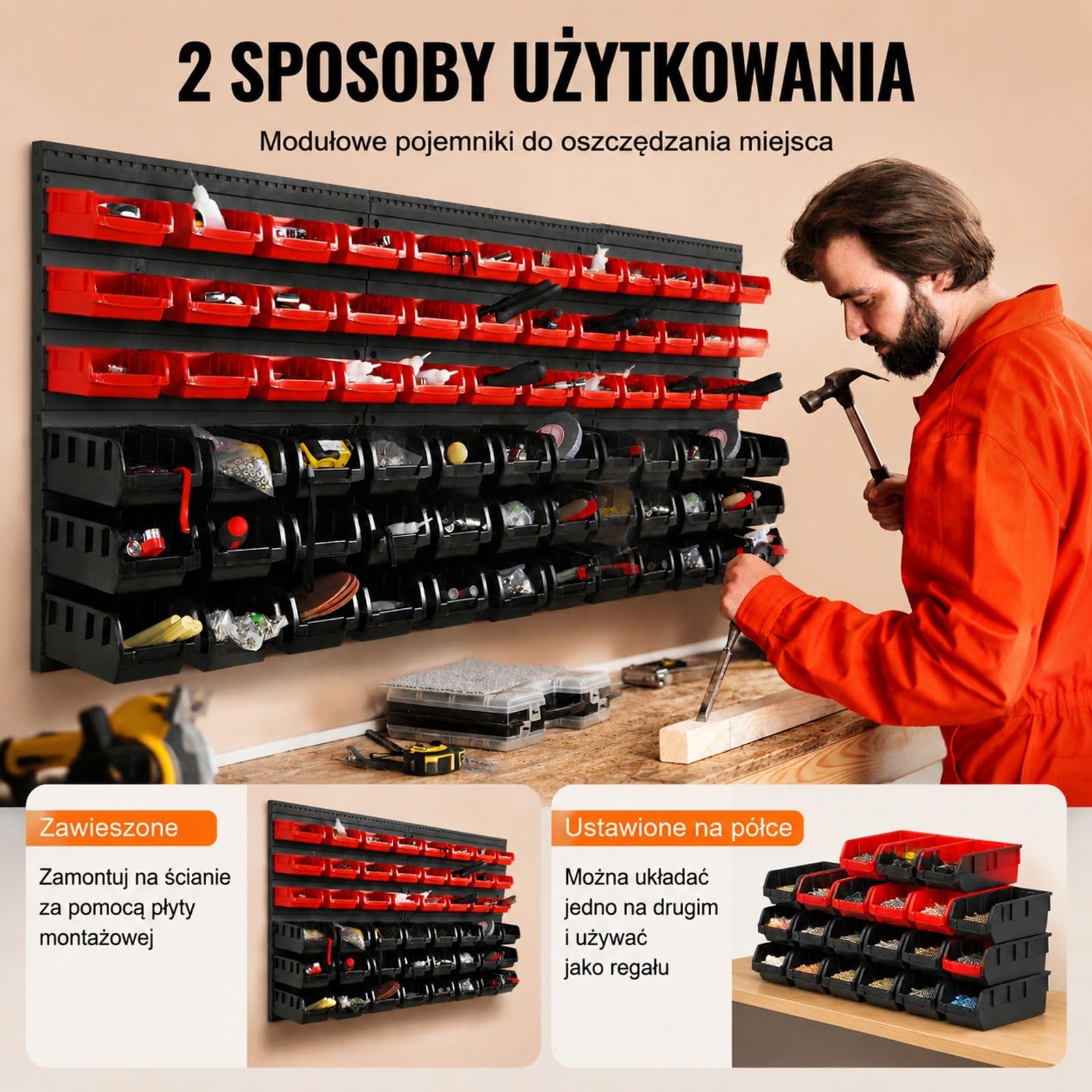 Ścienny organizer do przechowywania z 48 plastikowymi pojemnikami PP, czarny i czerwony, do garażu i warsztatu, na nakrętki, śruby, gwoździe, koraliki i guziki