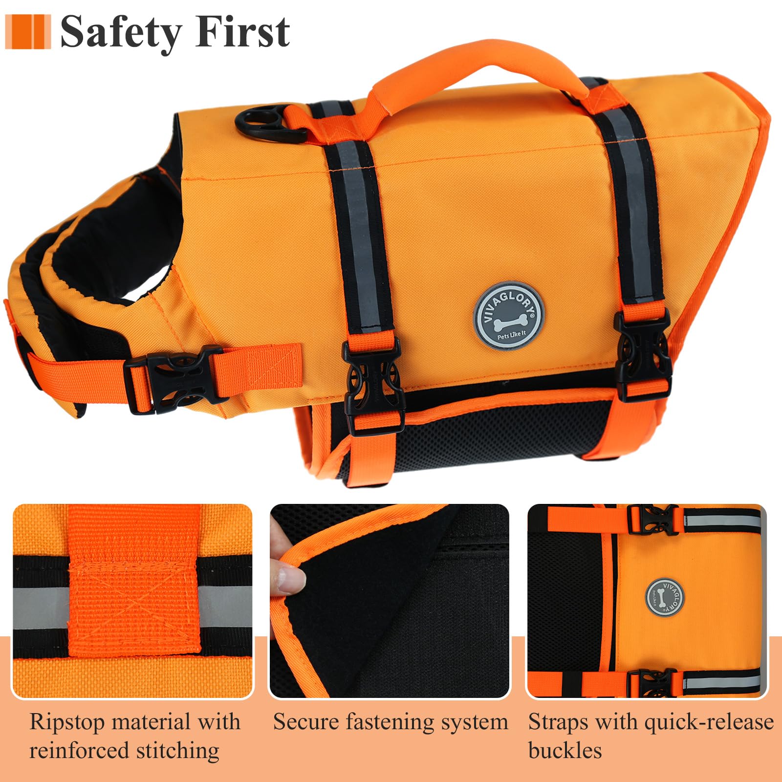 VIVAGLORY Rip Stop Dog Life Jacket, Buoyancy Aid with Handle, Buoyancy for Doggy Dog Life Jacket for Swimming & Boating, XXS - Image 3