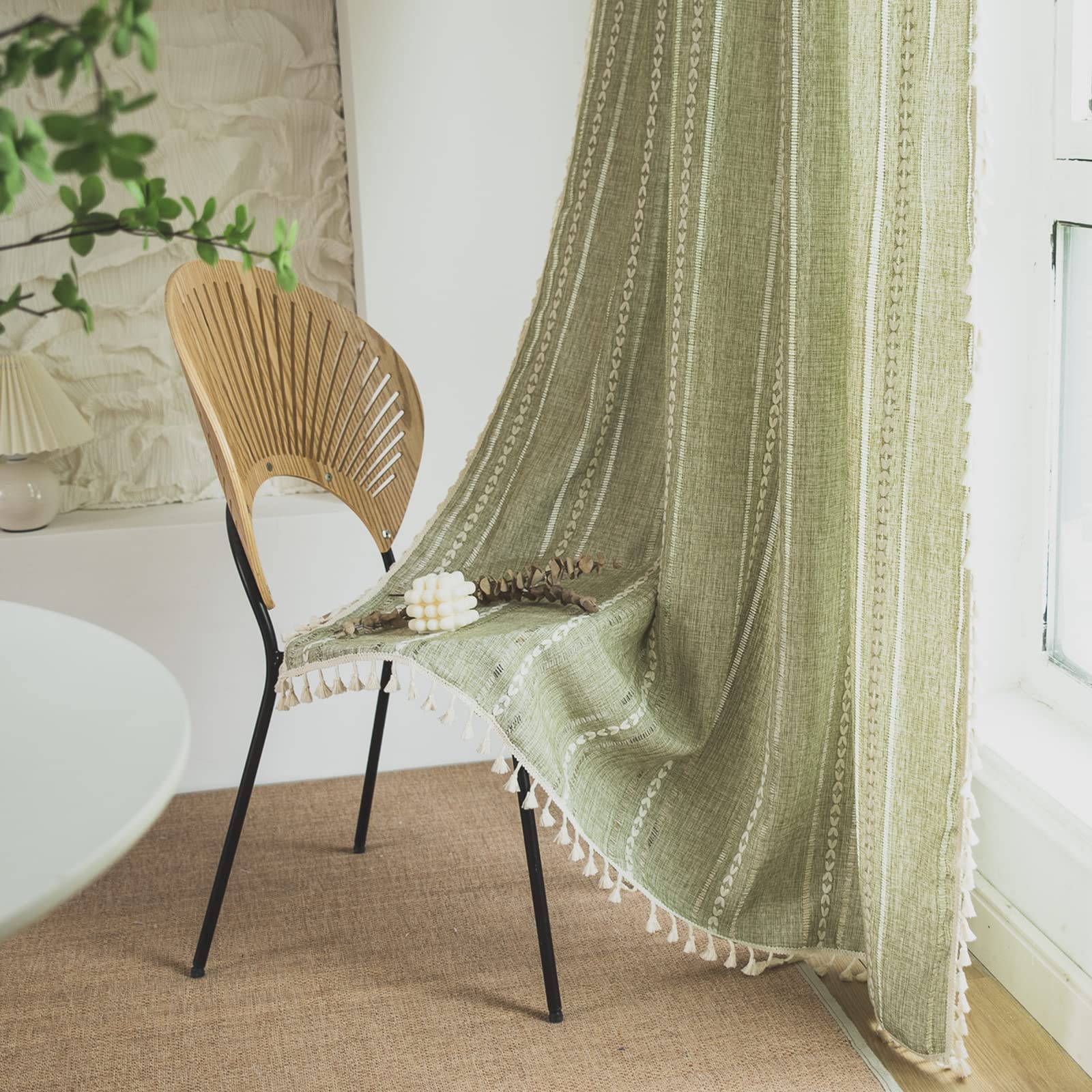 Sutuo Home Boho Curtain for Bedroom Living Room 96 Inches Long, Light Filtering French Country Farmhouse Vintage Chic Tassels Hollow Window Treatment Bohemian Drape, 1 Panel 52" W x 96" L, Green — image 1