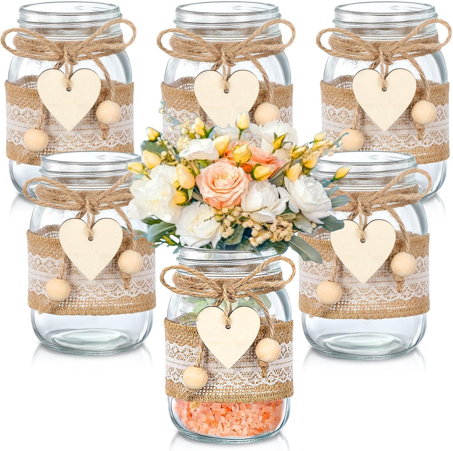 Mumufy 12 Sets Mason Jar Table Centerpiece with Lace Sleeves and Heart Shaped Hemp Rope Rustic Mason Jar Vases Reception Engagement Party Bridal Shower Centerpieces Wedding Table Decorations