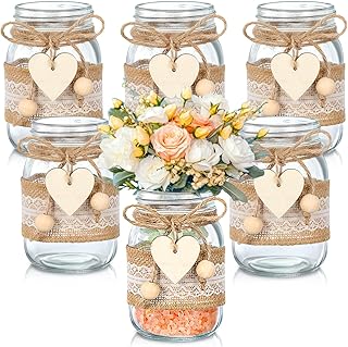 Mumufy 6 Sets Mason Jar Table Centerpiece with Lace Sleeves and Heart Sh...