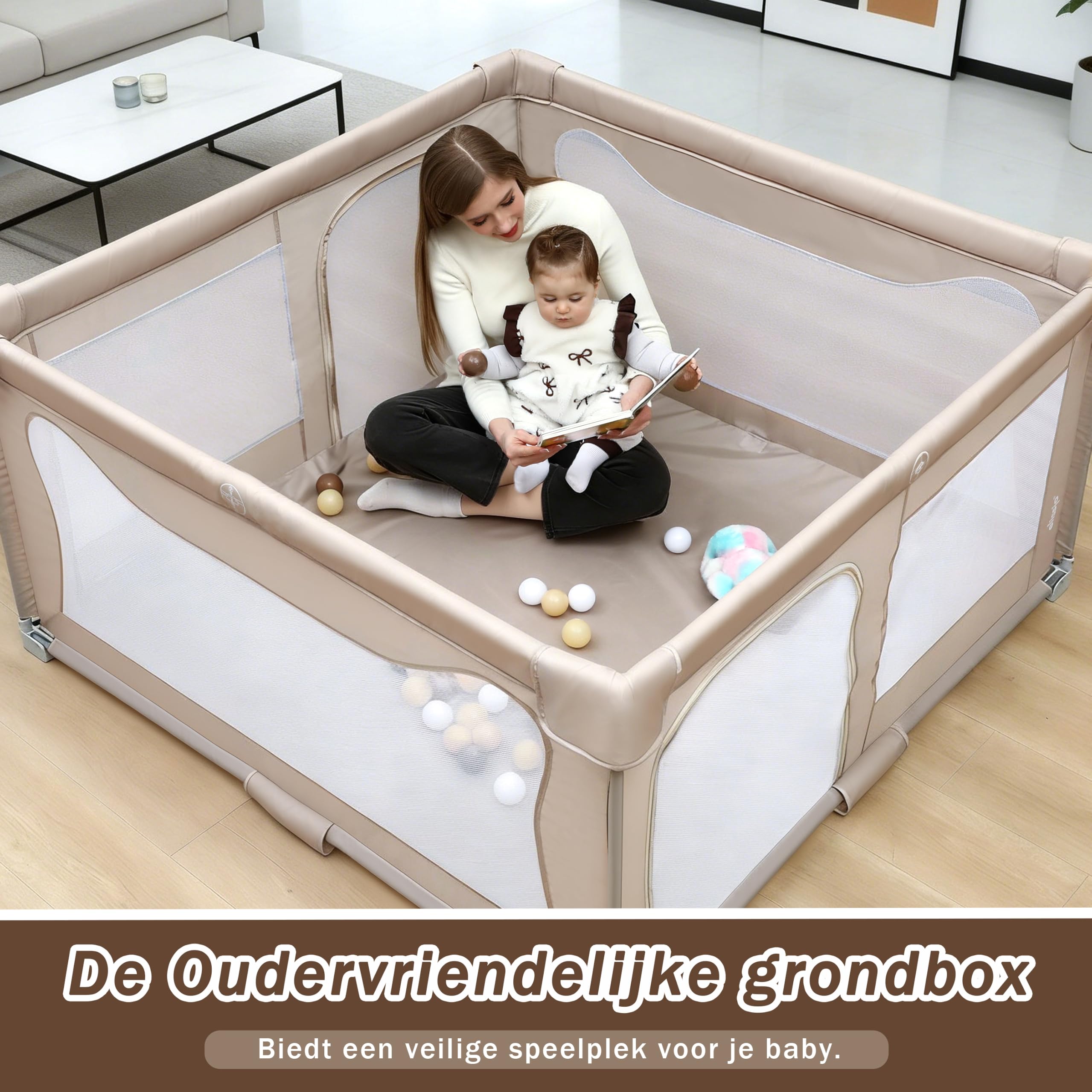 Bodenlaufstall Baby – Faltbarer Laufstall mit taupefarbener Spielmatte & 50 Bällen – Krabbelgitter – Baby Laufgitter – Playpen für Babys – 150 x 150 x 76,5 cm – Beige