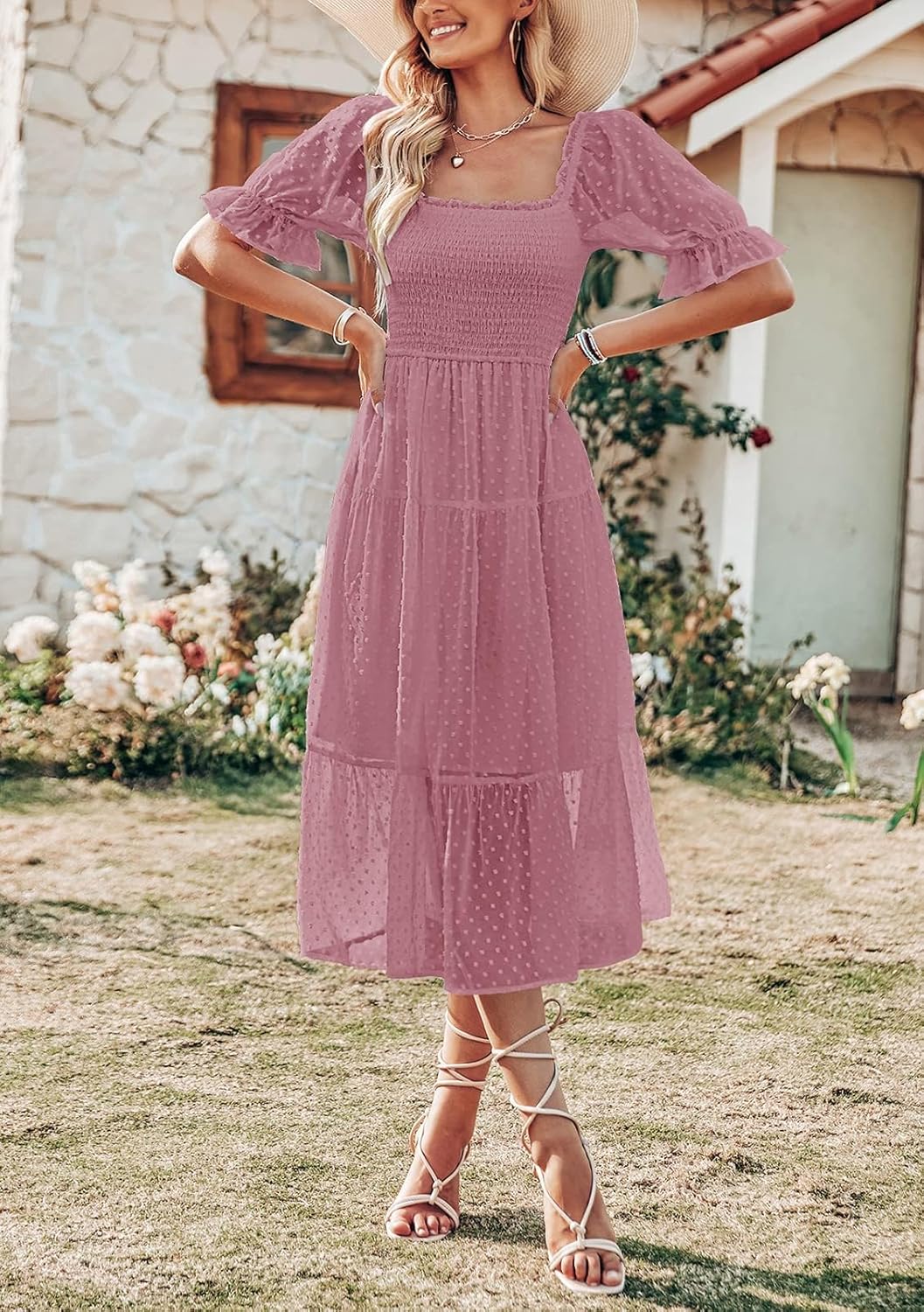 MEROKEETY Women's 2025 Summer Square Neck Puff Sleeve Boho Midi Dress Swiss Dot Ruffle Flowy Tie Back Dress - Image 6