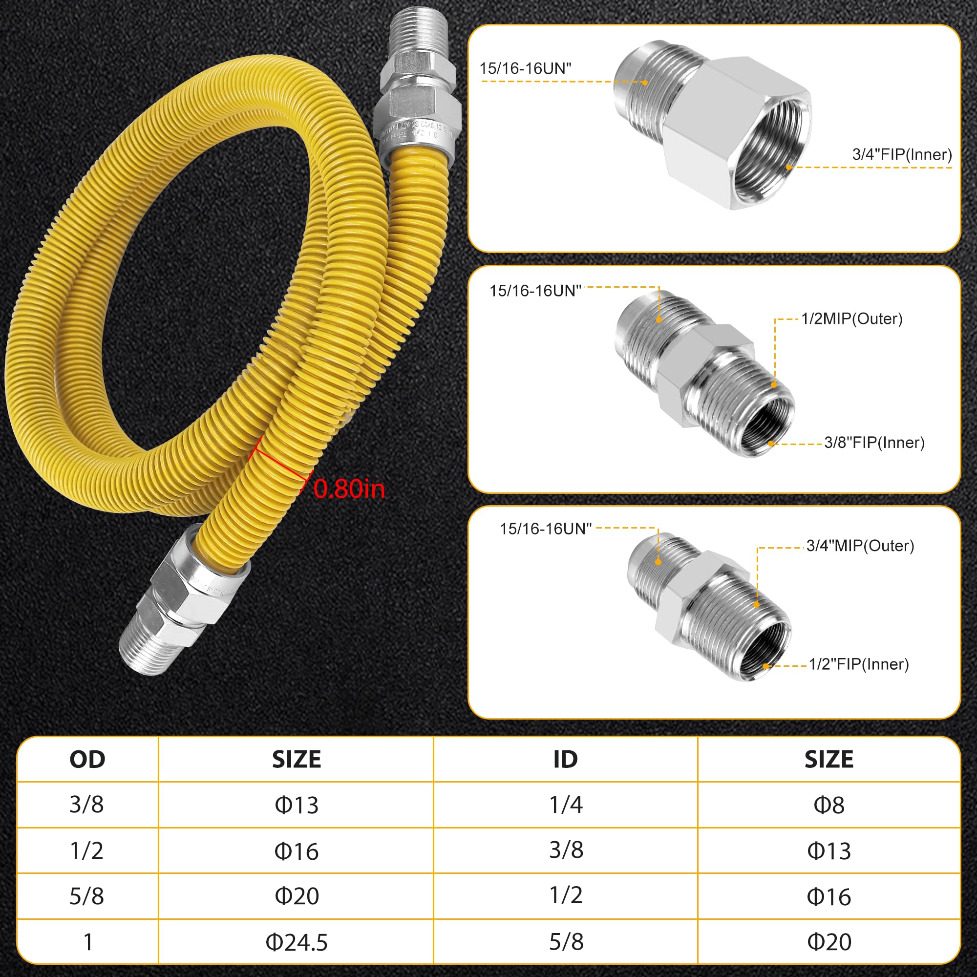 Kit de manguera de secadora de gas de 48 pulgadas, línea de gas de acero inoxidable con conector MIP de 1/2 pulgada FIP 3/4 pulgadas MIP, 5/8 pulgadas OD (1/2 pulgada ID) kit de conector de gas para