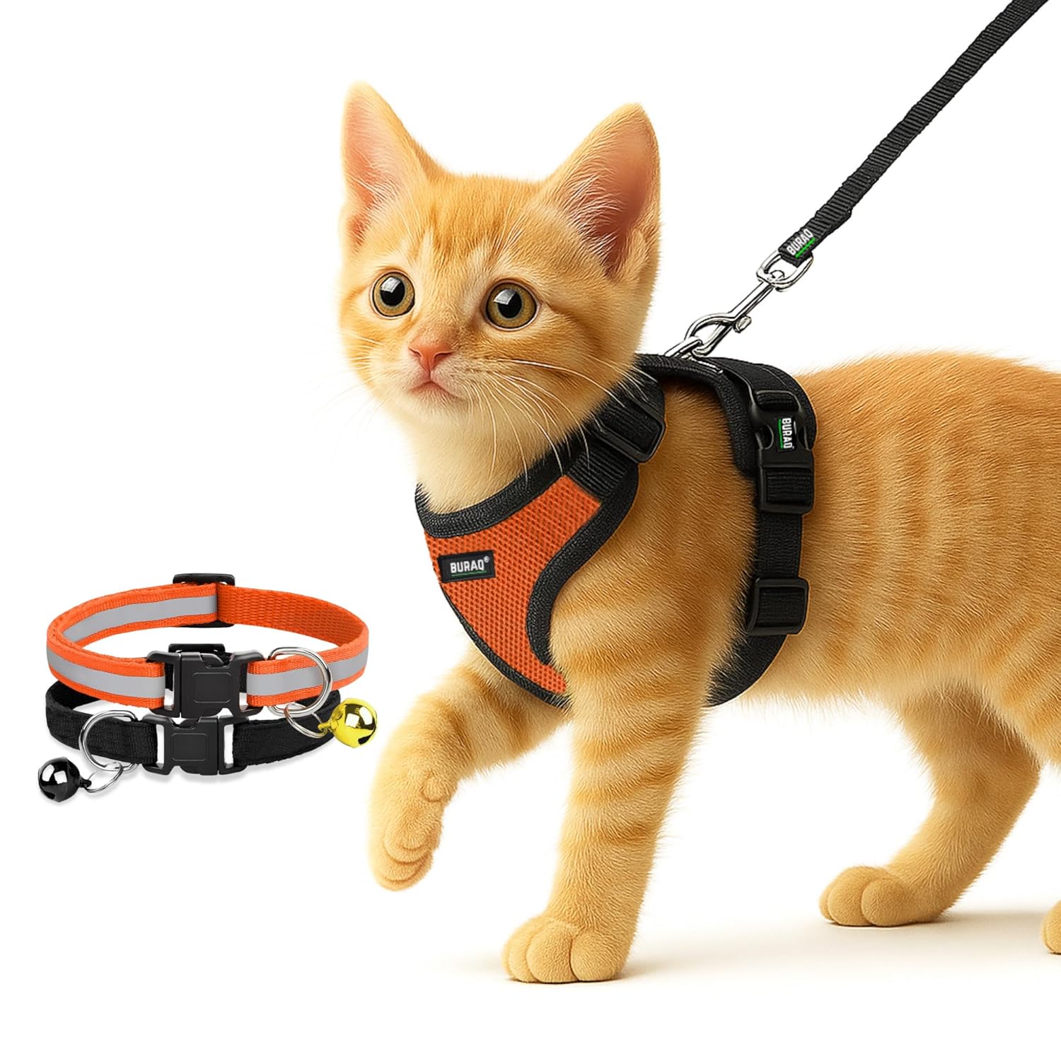 Buraq No Pull Cat Harness with Leash + 2 Pcs Cat Collar, Escape Proof, Ultra-Light Weight, Air Mesh Fabric, Aesthetic Design Adjustable Cat Leash with Harness (XXS – Orange)