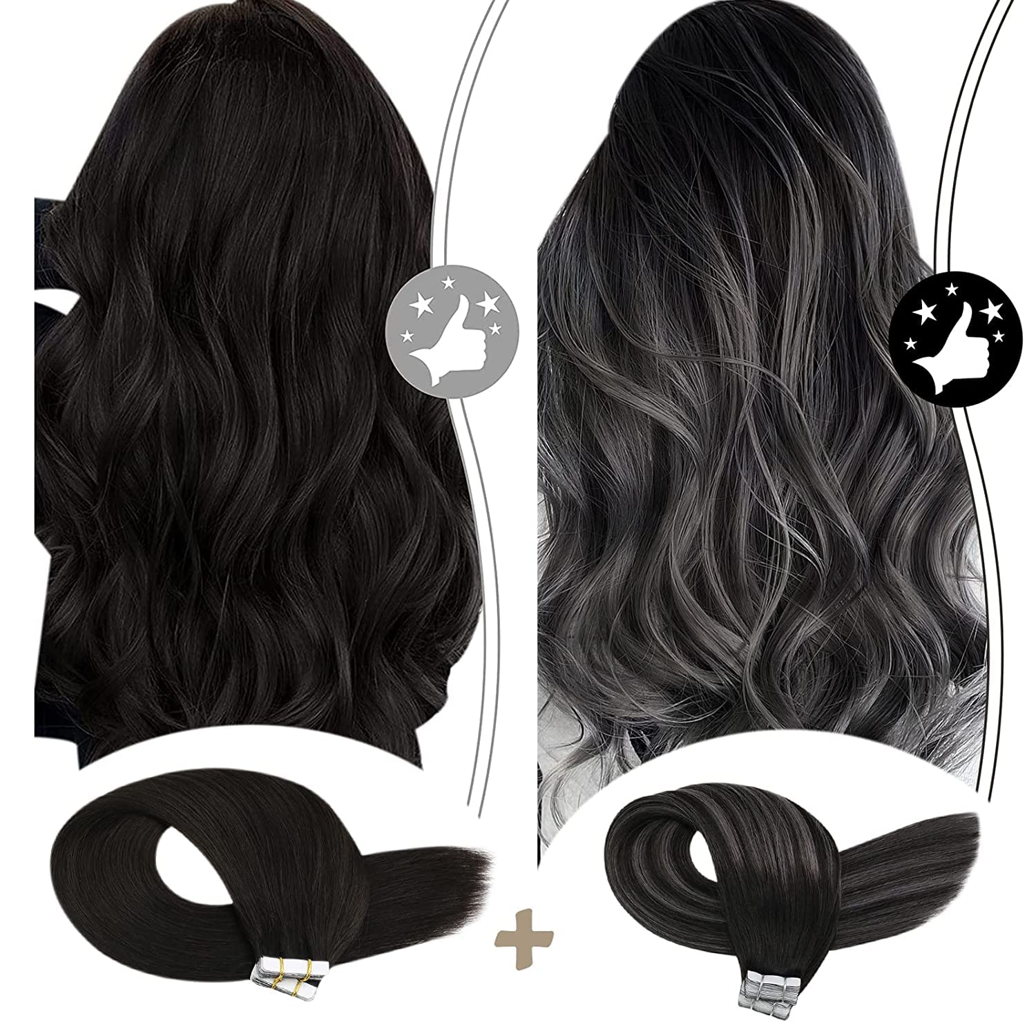 Tape Bundle Total 40 Pieces - Moresoo Tape in Extensions Black Hair 22 Inch Tape in Remy Hair Extensions #1B/Silver/1B & #1B Glue in Brazilian Hair 50g+50g