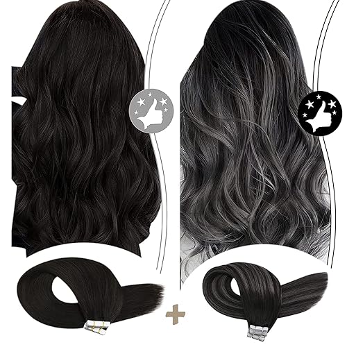 Moresoo - Extensiones adhesivas de cabello negro de 22 pulgadas, extensiones de cabello Remy #1Bplata1B y #1B, 1.76 oz + 1.76 oz