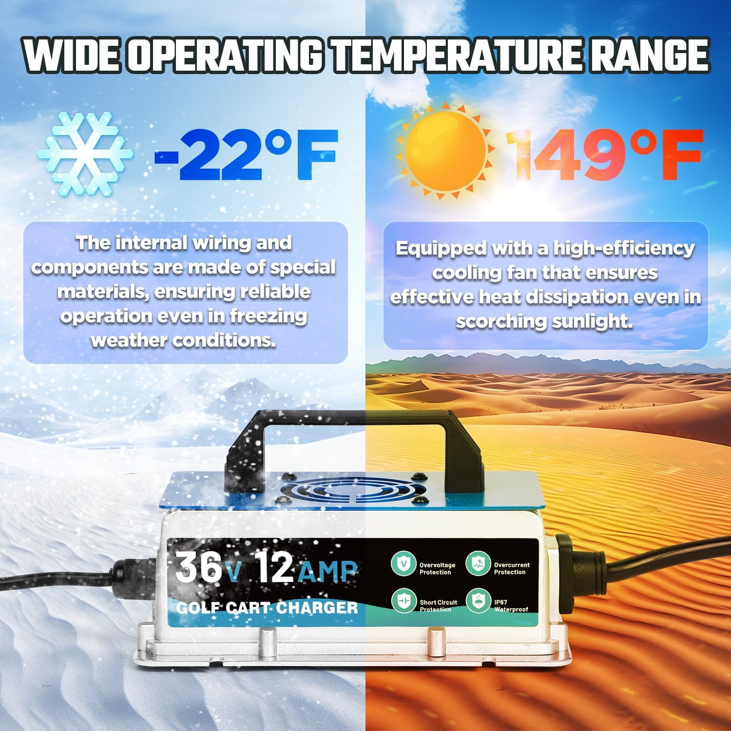 12 AMP 36 Volt Golf Cart Charger for Club Car, EZGO & Yamaha, IP67 Waterproof & Trickle Charge, 36 Volt Golf Cart Battery Charger Full Auto Charge with Crowfoot Plug, 16FT Cable for Lead-Acid Battery