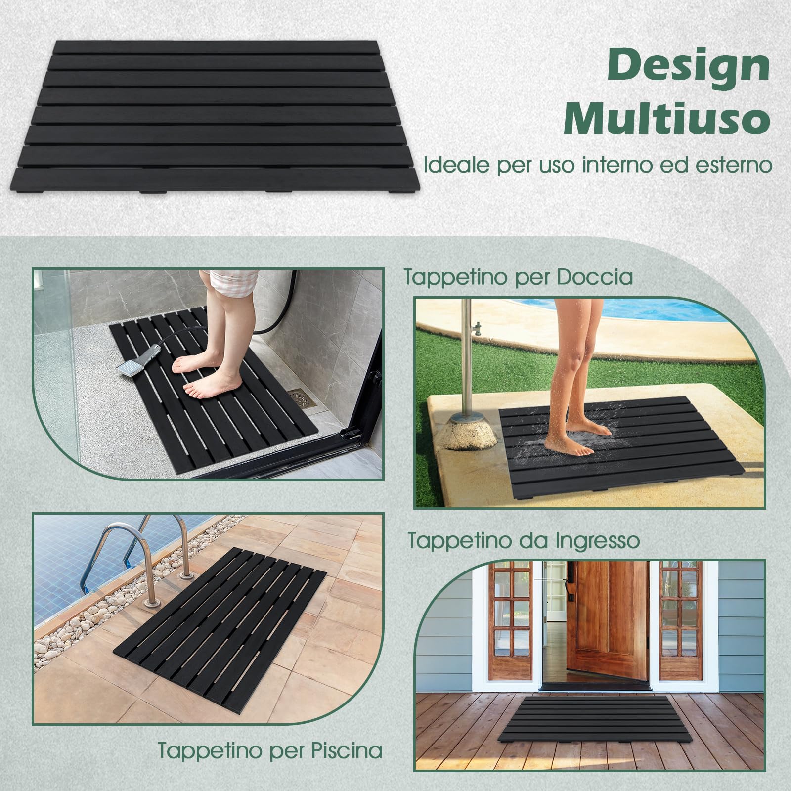 COSTWAY Pedana Doccia in WPC Antiscivolo 100 x 60 cm, Pedana da Bagno Finitura Effetto Legno, Tappetino da Doccia Rettangolare per Vasca e Piscina, da Interno ed Esterno, Nero
