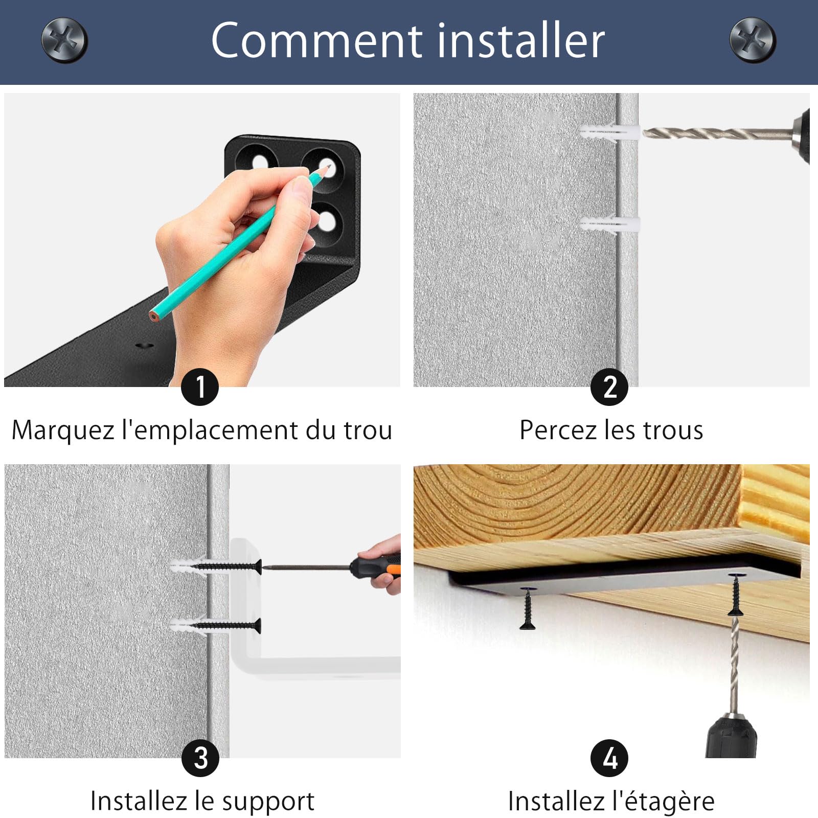 MLOQI Lot de 6 Equerre Etagere Murale, équerre Industrielle,Equerre Charge Lourde,5 mm D'épaisseur, Support Invisible étagère Murale avec Vis (Noire 30 cm)