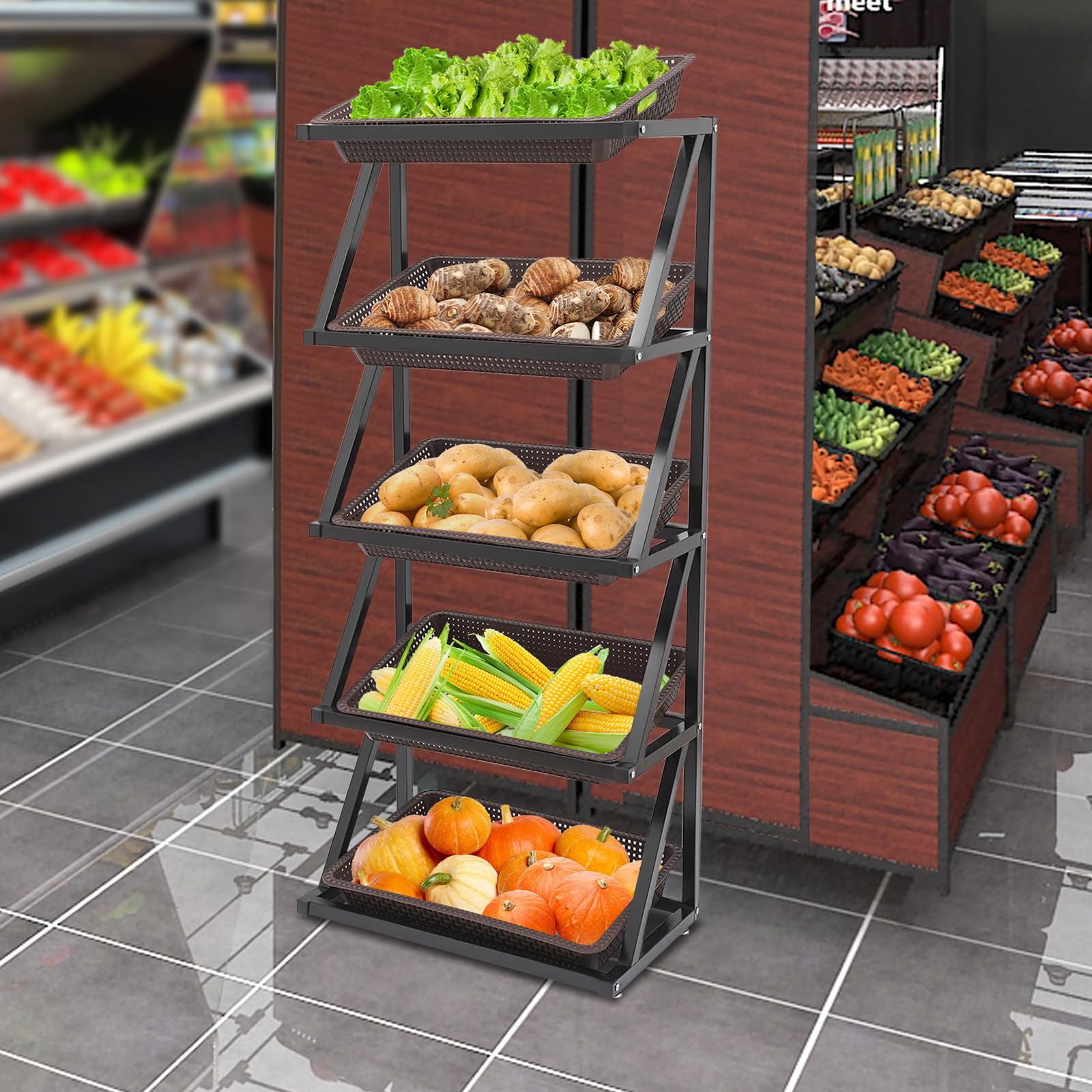 Scaffale portafrutta e Verdura per supermercati Commerciali a 5 Ripiani, espositore per Vendita al Dettaglio a Fila Singola con 5 cestini, Set di cestini per Snack 25,6'' × 13,8''