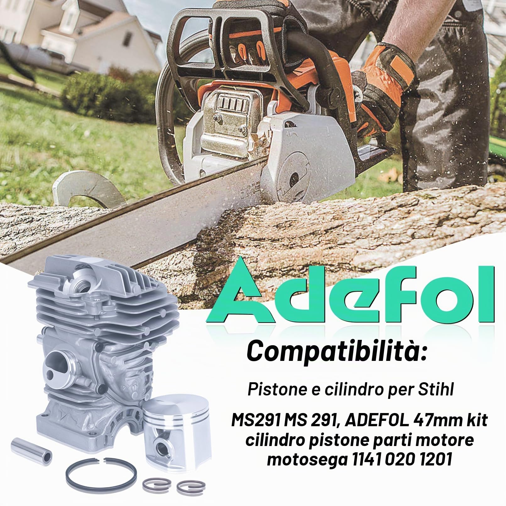 Pistone e Cilindro per Stihl MS291 MS 291, ADEFOL 47mm Cilindro Pistone Kit Motosega Parti del motore 1141 020 1201