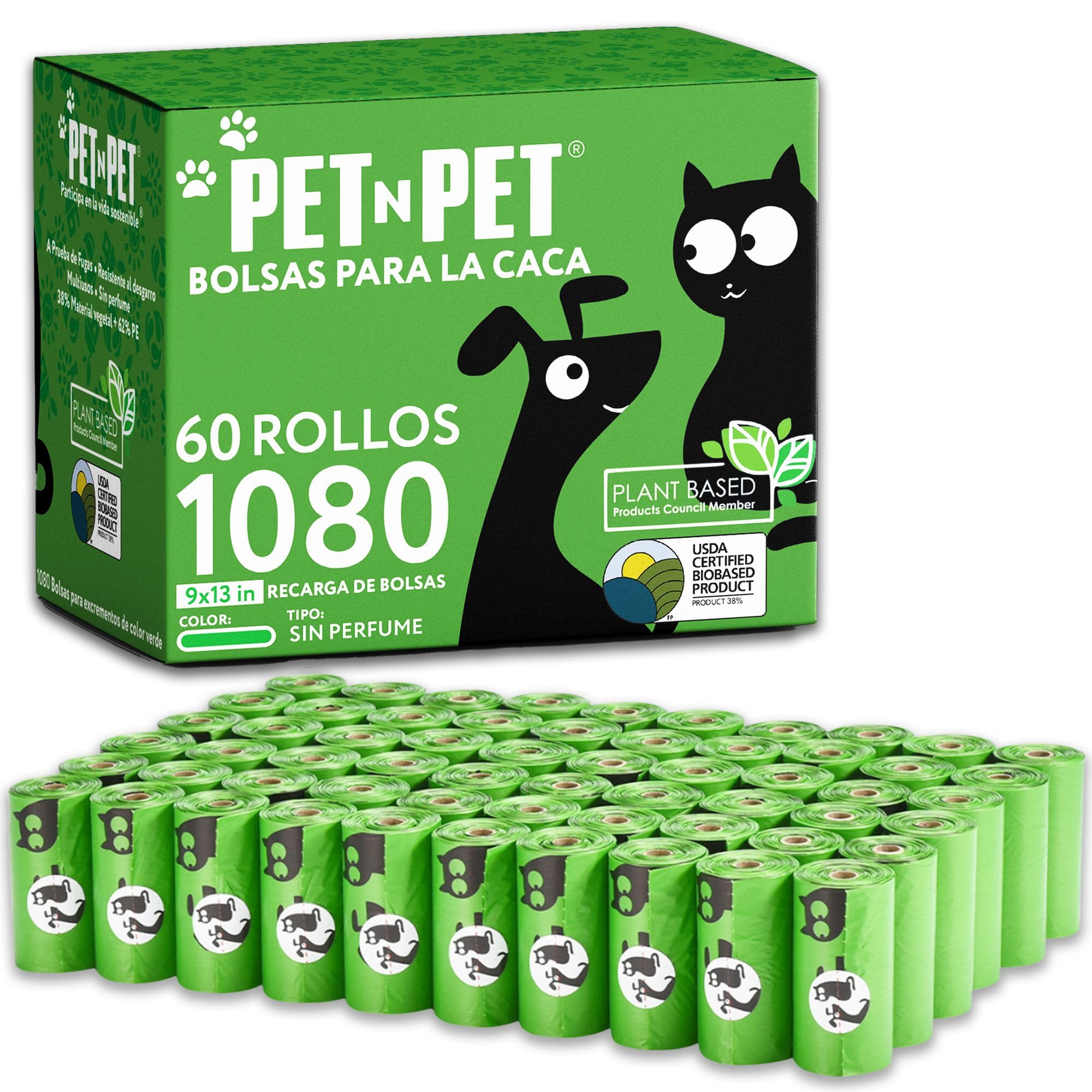 PET N PET Bolsa de basura y caca para perros Bolsas de base biológica con certificación del USDA al 38% 1080 Unidades 60 Rollos 9x13 pulgadas, sin perfume