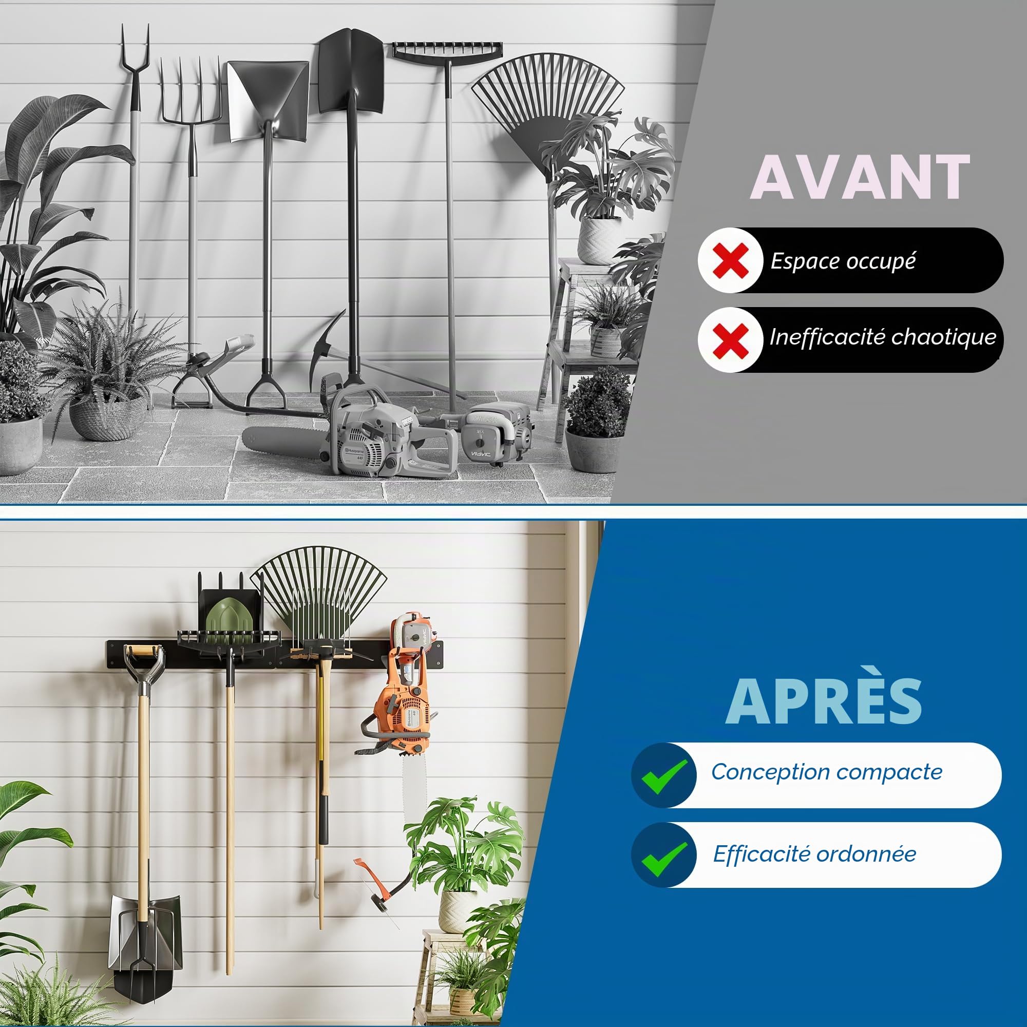 Urban Deco Support mural en métal pour Outillage de Jardin, capacité de charge de 150 kg, avec 4 crochets doubles et 2 panneaux, pour outils de jardin dans le garage, le jardin, la cave, noir