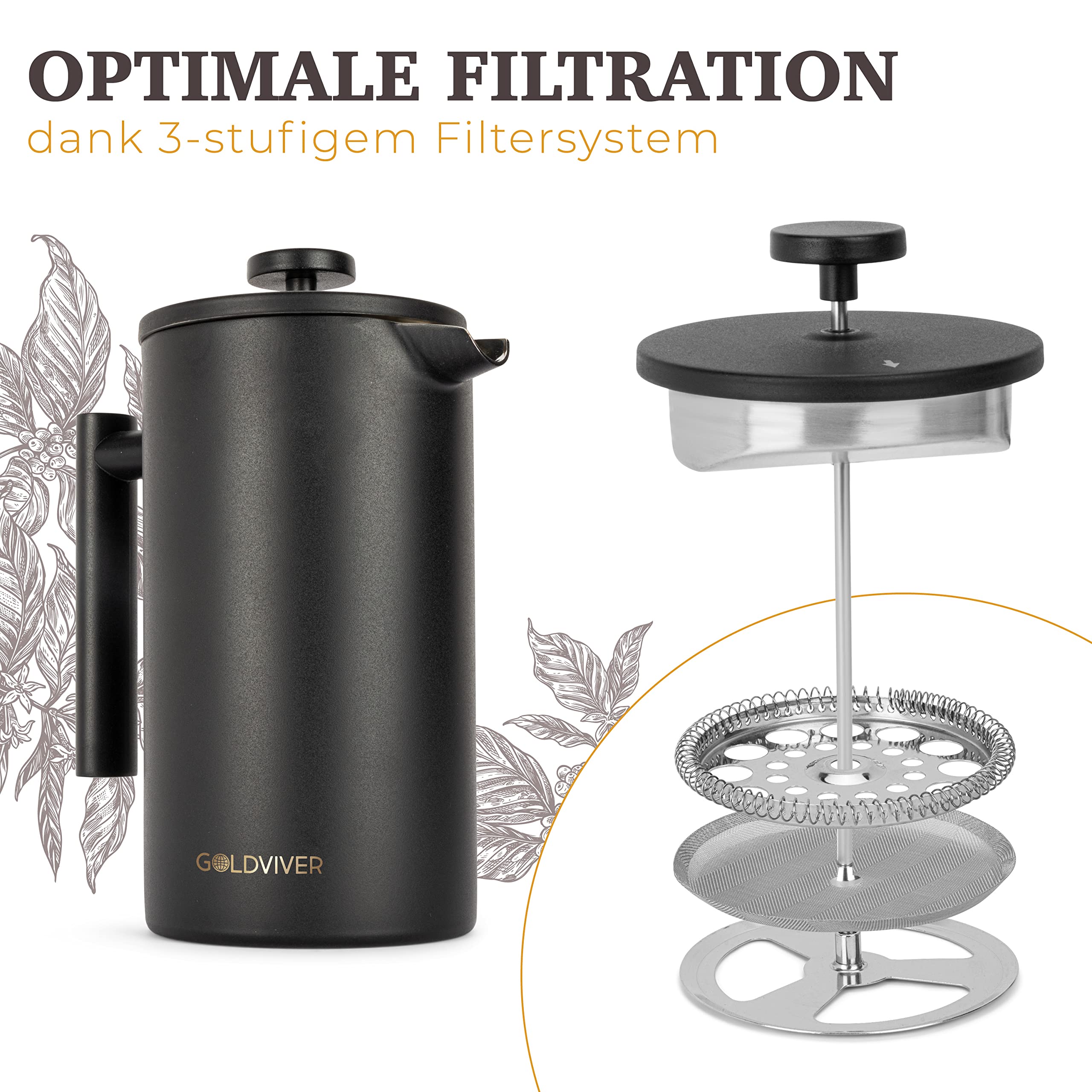 Premium French Press Koffiezetapparaat Van Roestvrij Staal Dubbelwandig Geisoleerd Langdurig Verwarmd Koffiepers 3 Reservefilters