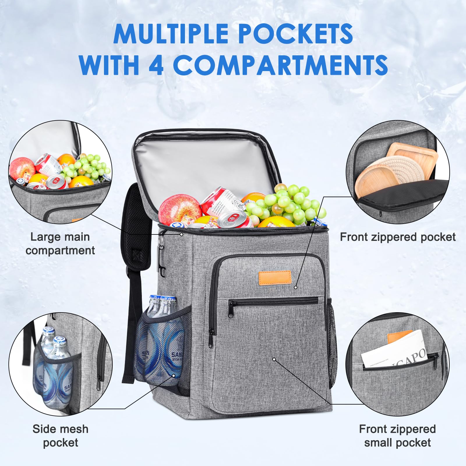 Kühlrucksack 30 Dosen Kühltasche 24L 14h Kühlung Isolierter Picknickrucksack Wasserdicht Kühlbox Thermo Rucksack Cooler Bag Groß Lunchtasche für Wandern Camping Strand Picknick Grillen Reisen Arbeit