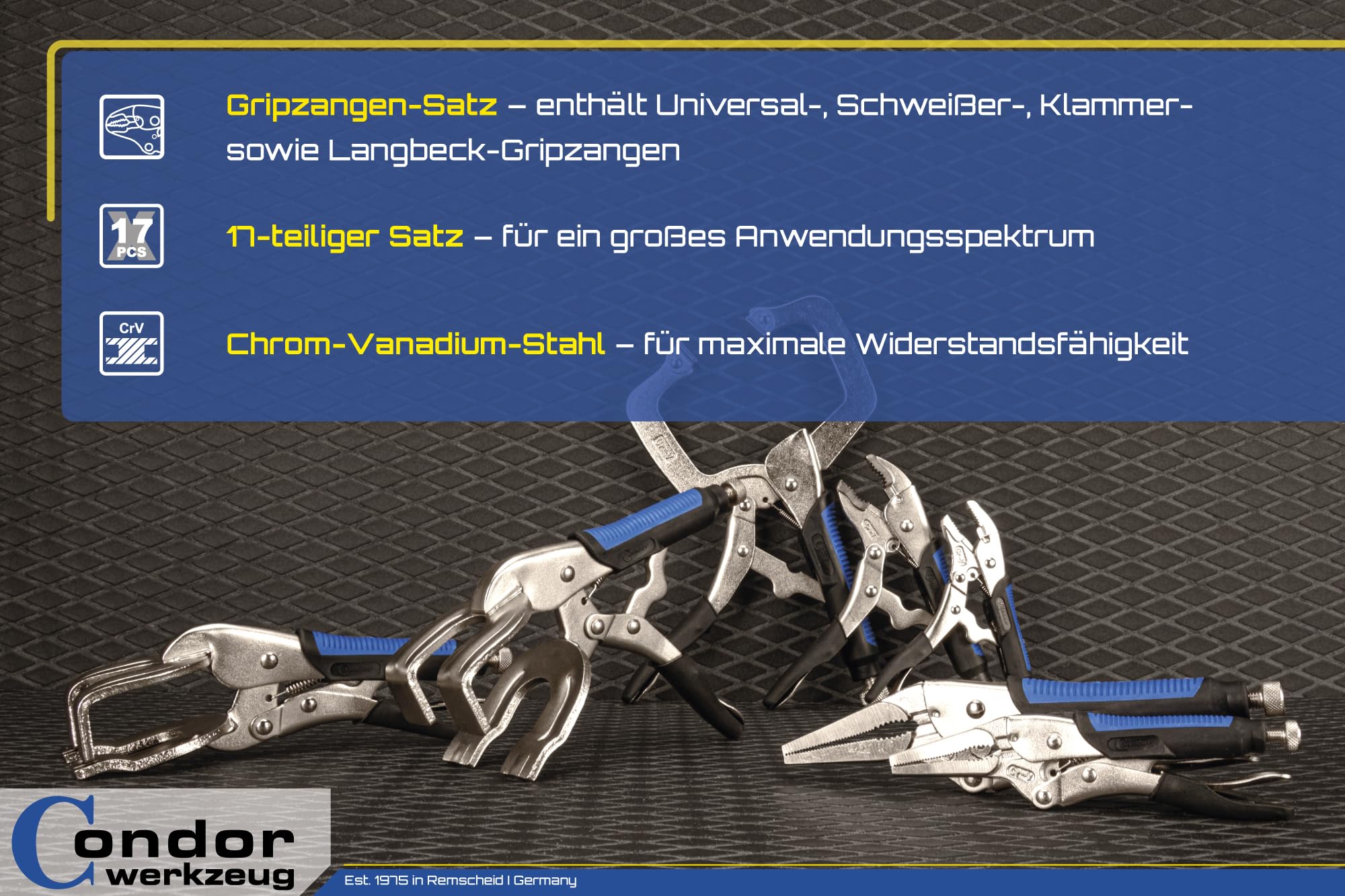 Condor Werkzeug 5800 | Gripzangen-Satz | 17-tlg. | Chrom-Vanadium-Stahl | Feststellzange | Gripzange in verschiedenen Größen Profi Werkzeug Set geeignet für Werkstatt und Heimwerker