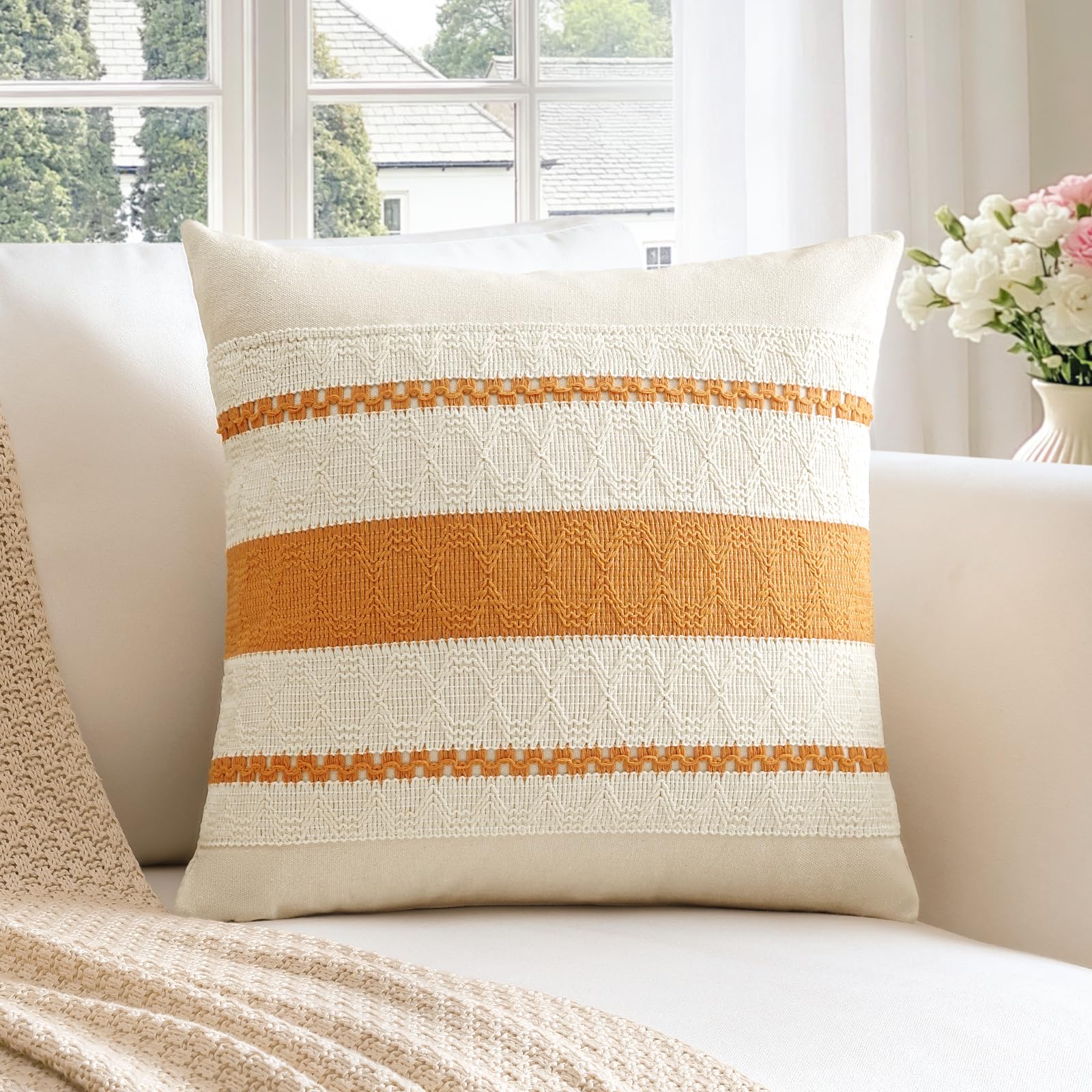 Sungeek Set of 1 Mustard Yellow Boho Decorative Cushion Cover 60x60cm Soft Cotton Throw Pillow Case Farmhouse Rustic Woven Textured Square Pillow Cover 24x24 Inch for Sofa Bed Couch Patio Living Room