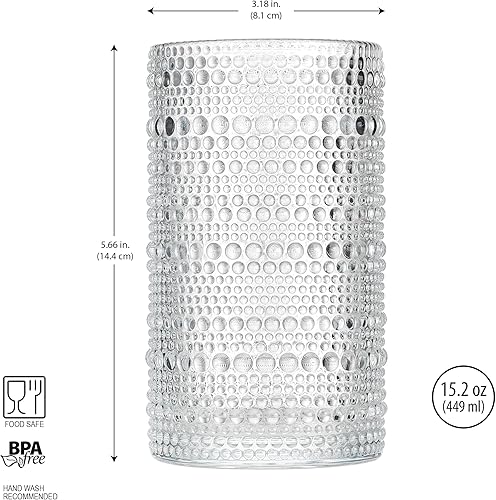 Miniatura 3 de Glaver's Hobnail - Juego de 4 vasos de cristal con cuentas vintage transparentes, 15 onzas, juego de cristalería de cóctel, para zumo de agua,