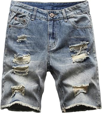 DGHM-JLMY Mens Summer Punk Frayed Straight Jean Shorts Straight Comfort Jean Shorts Ripped Distressed Raw Trim Denim Shorts