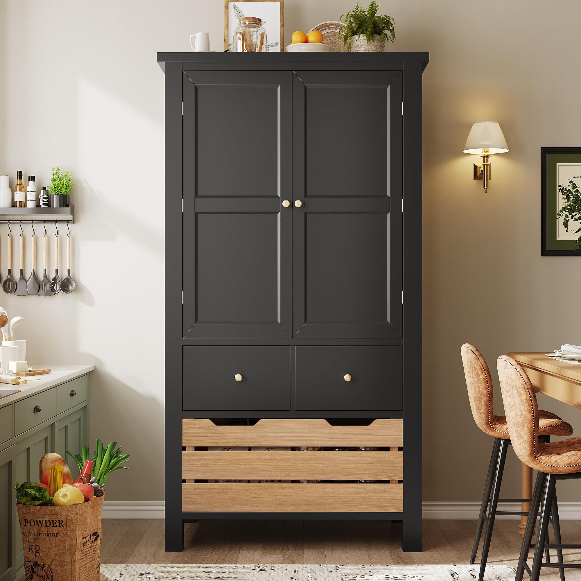 Kebnor Mobiletto da Cucina (80x40x140cm), credenza da cucina alta, credenza multiuso, mobiletto per snack, mobile di stoccaggio con due ante e cinque cassetti (nero)