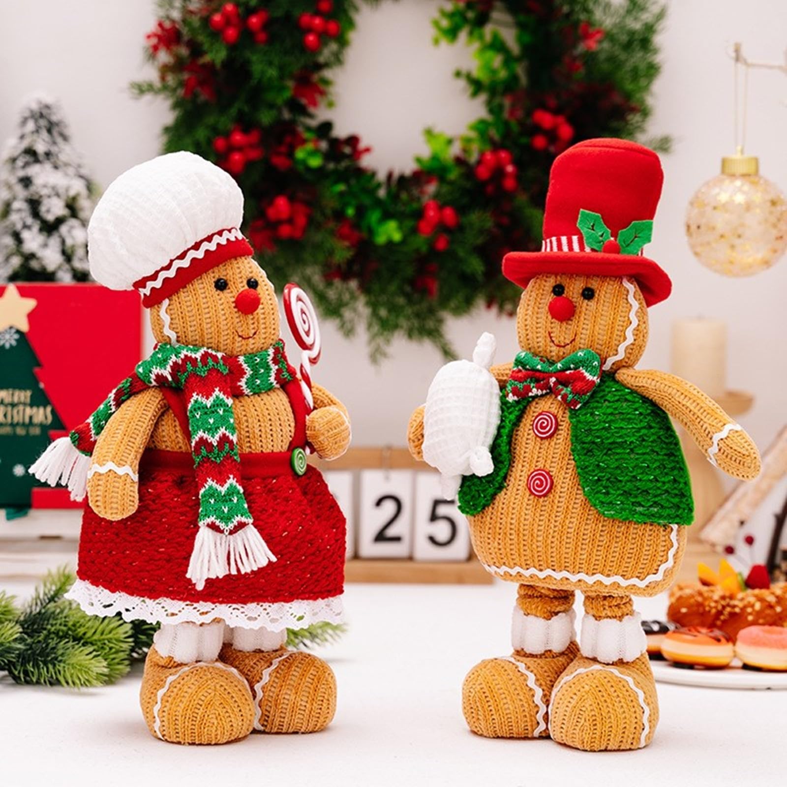 2 muñecos de peluche de Navidad con diseño de panes de jengibre, decoración elegante de gnomos escalables, adorno de peluche