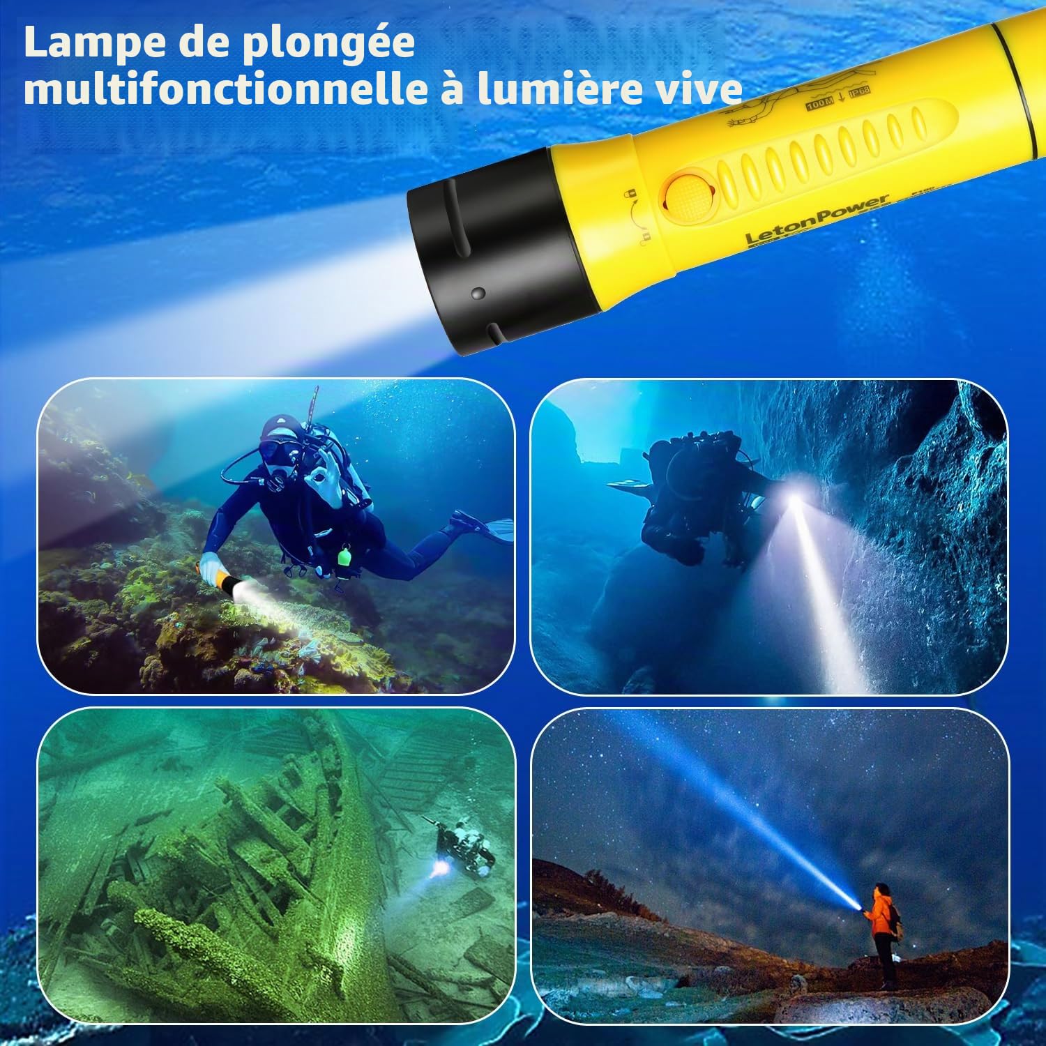 Lampe de Plongée 1800 Lumens - Torche Sous-Marine IPX8 Étanche 100m, Lumière Blanche 5500K Rechargeable, pour Plongée/Chasse Sous-Marine