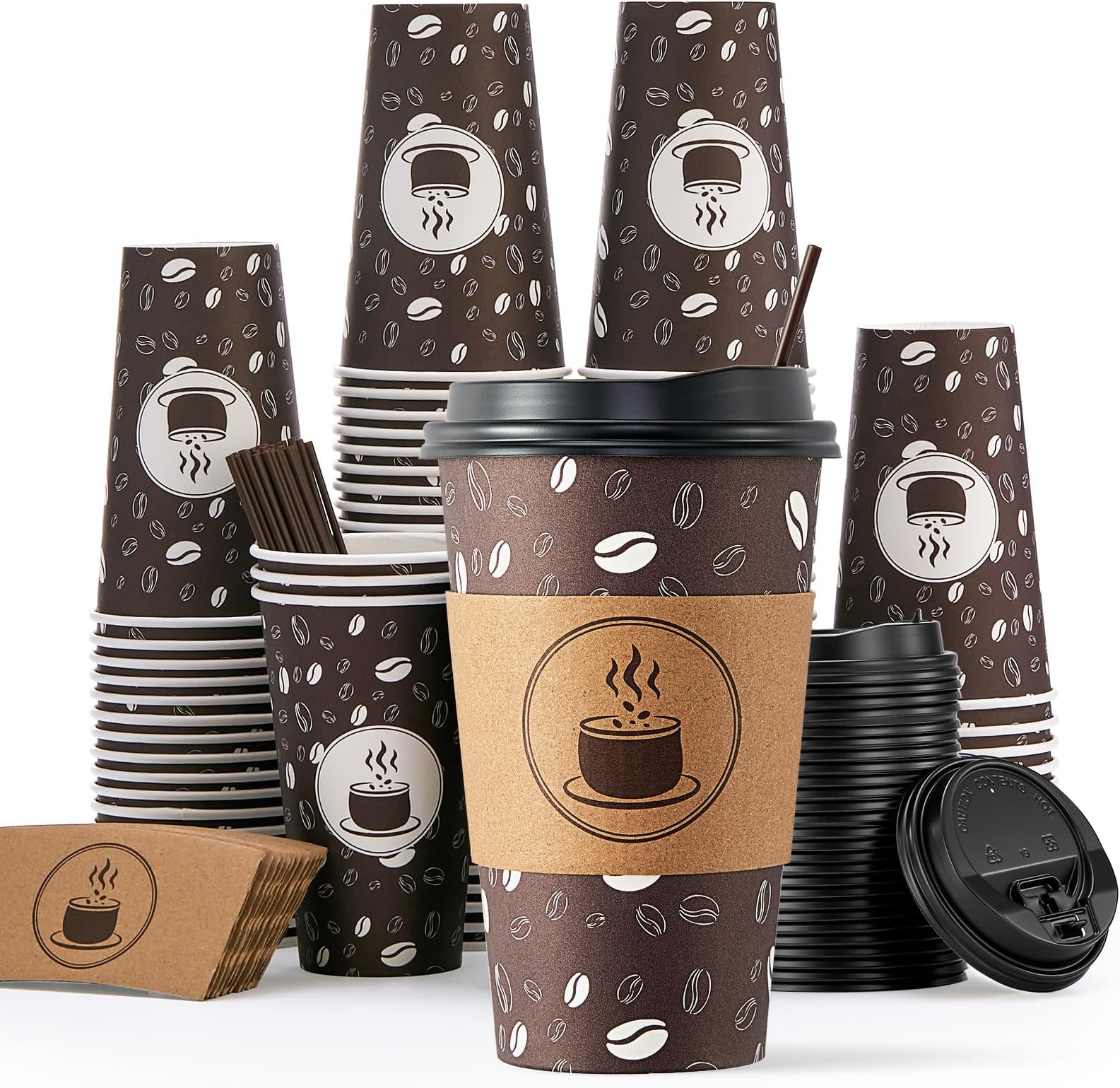 JOLLY PARTY Disposable Coffee Cups with Lids, Sleeves and Straws - 16oz(100 Pack) Paper Coffee Cups with Lids, Durable, BPA Free Hot Cup for Shops, Cafes, and Concession Stands(Dark Brown)