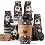 JOLLY PARTY Disposable Coffee Cups with Lids, Sleeves and Straws - 16oz(100 Pack) Paper Coffee Cups with Lids, Durable, BPA Free Hot Cup for Shops, Cafes, and Concession Stands(Dark Brown)