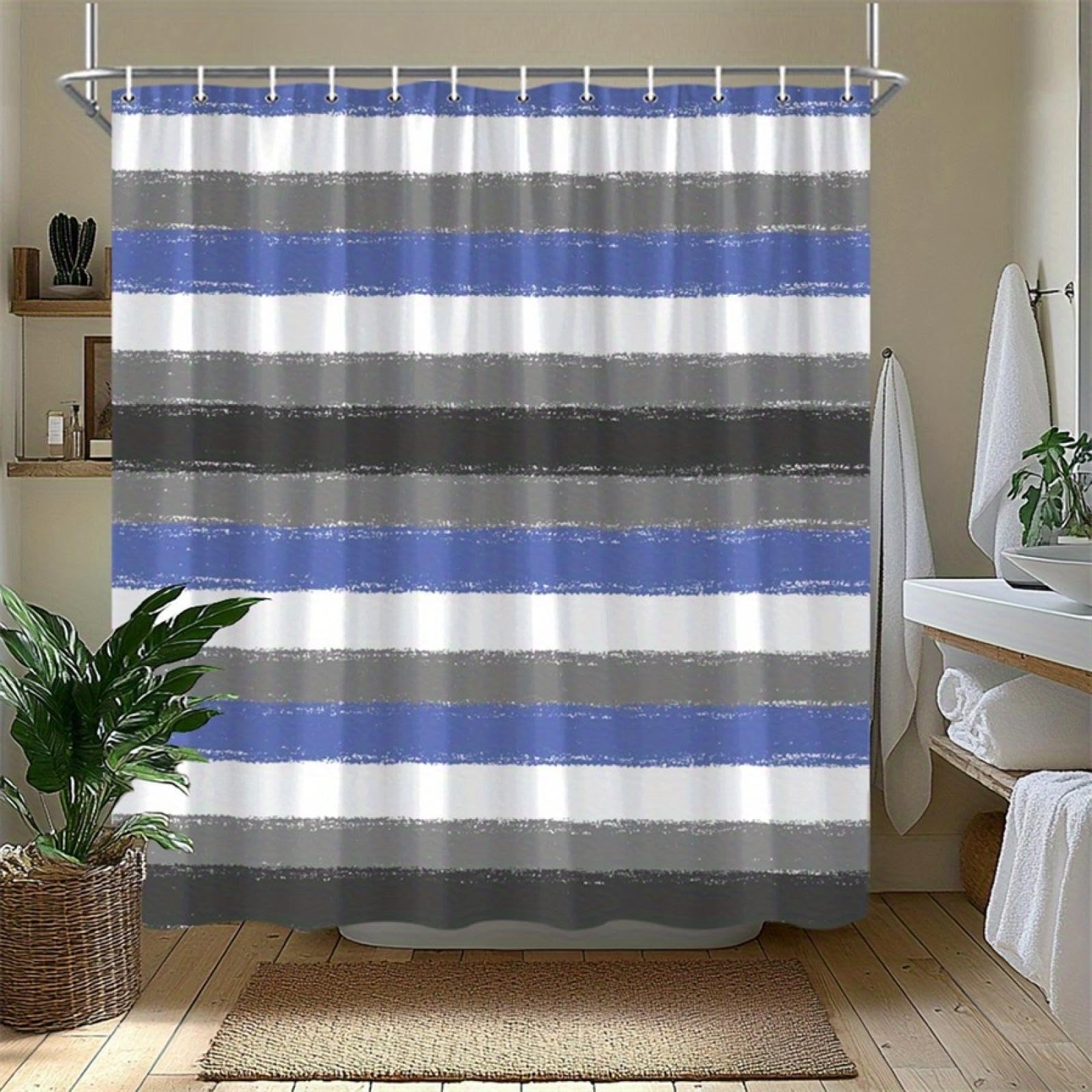 Duschvorhang mit horizontalen strukturierten Streifen in Weiß, Grau und Blau, modernes Design, stilvolle Badezimmerdekoration, 175x220cm