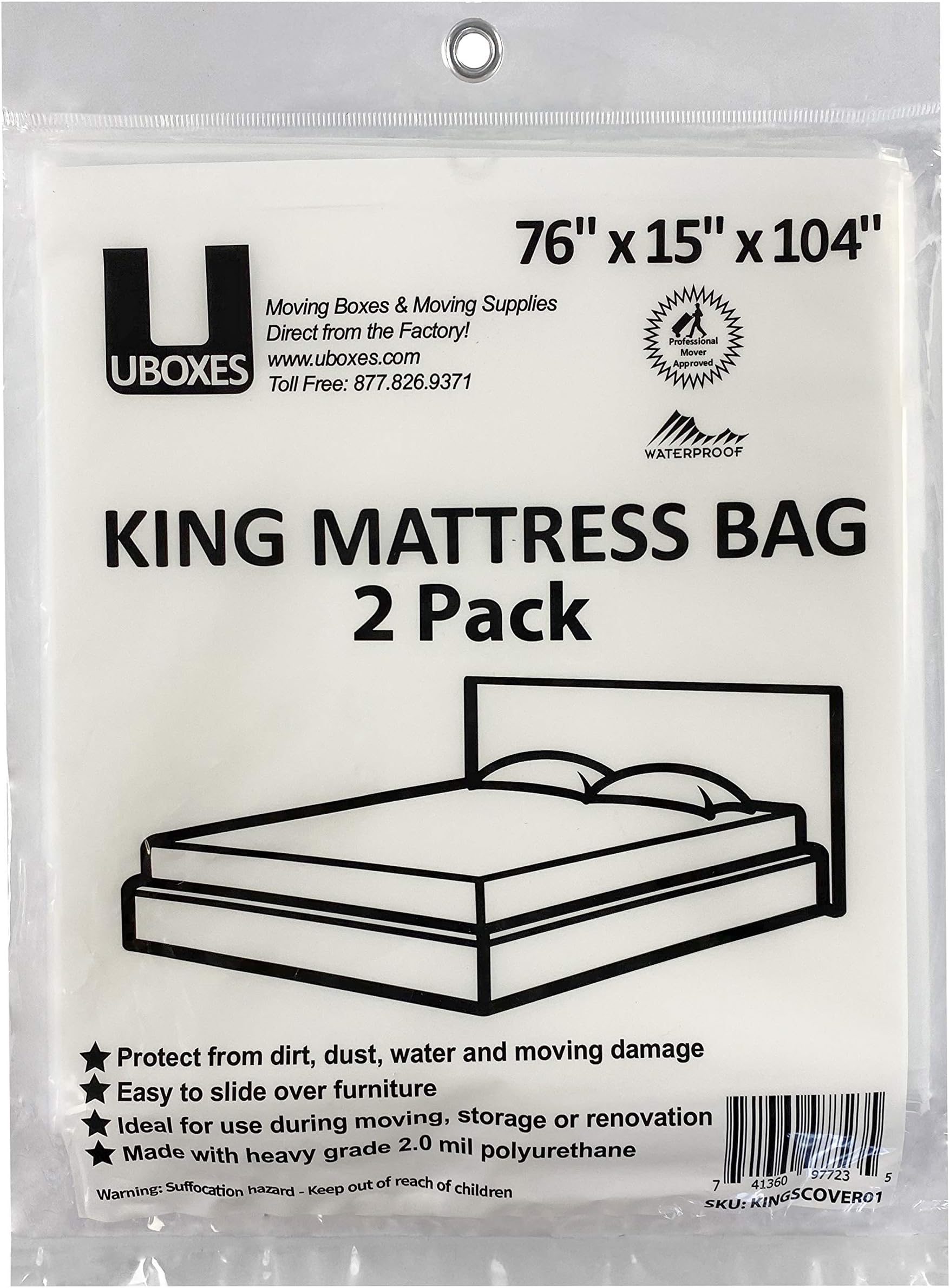 Uboxes King Mattress Poly Covers, 76 x 15 x 104 inch, 2 Count (Pack of 1), Clear