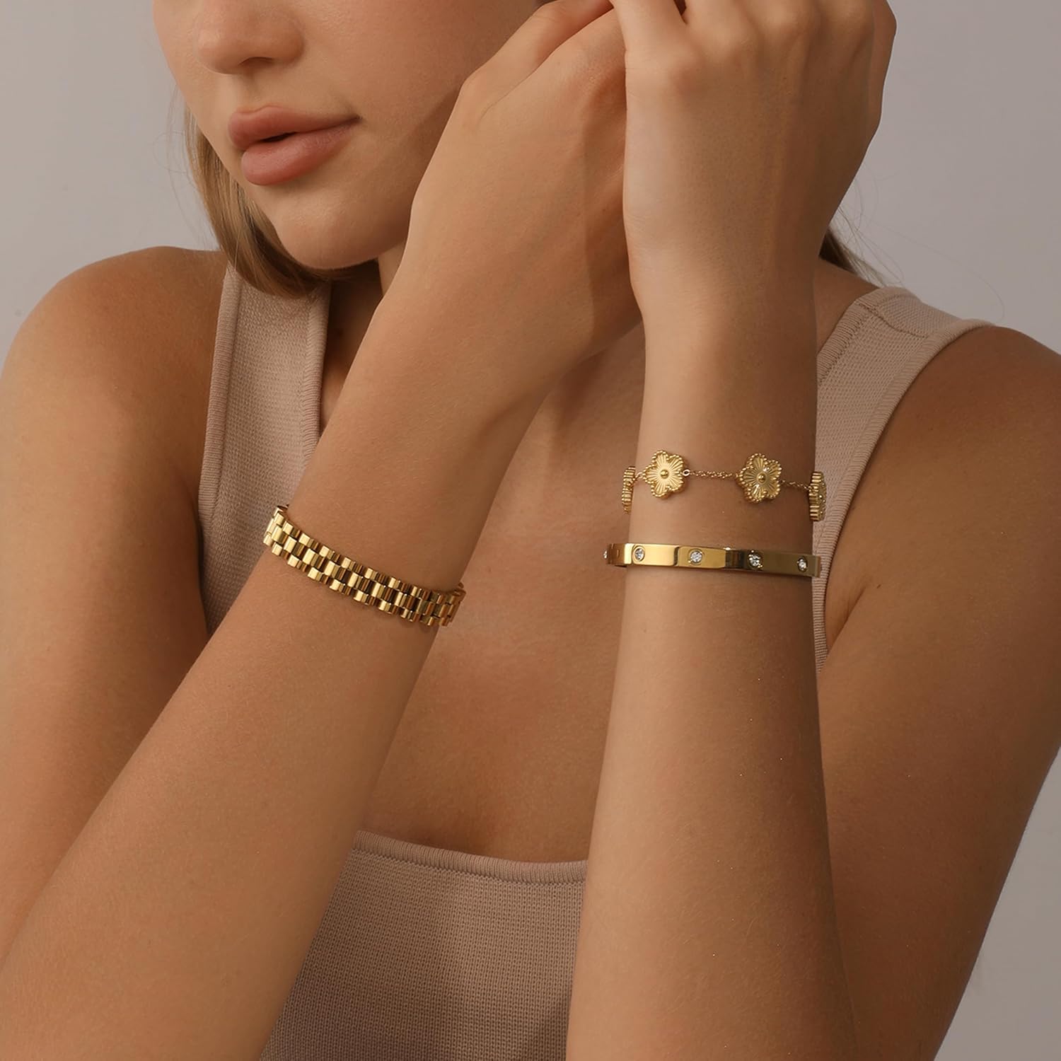 18K Gold Clover Bracelet for Women - Stackable Crystal Love Bangle & Friendship Link Bracelets, Non-Tarnish Stainless Steel Trendy Jewelry Gift with Adjustable Tool - Image 3