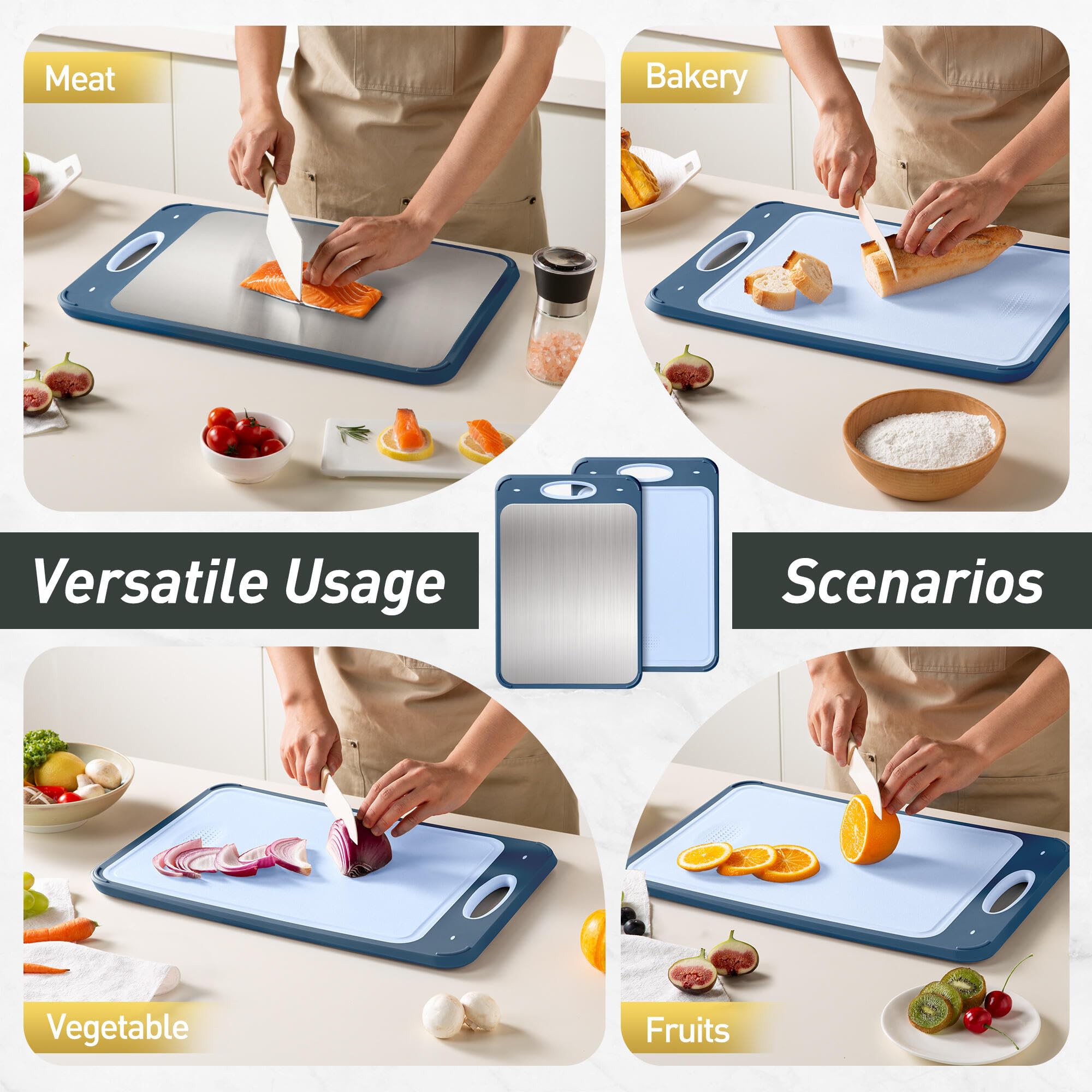 Tabla de cortar 2 en 1 de acero inoxidable con asa, tabla de cortar de carne grande, bloque de carnicero, accesorios de cocina, accesorios esenciales para el primer departamento, artículo