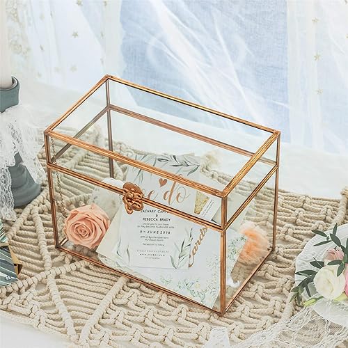 Miniatura 4 de NCYP Caja de vidrio de 9.8 x 5.6 x 7.7 pulgadas con pie para boda, recepción de fiesta, soporte rectangular de vidrio de oro rosa, centro de mesa