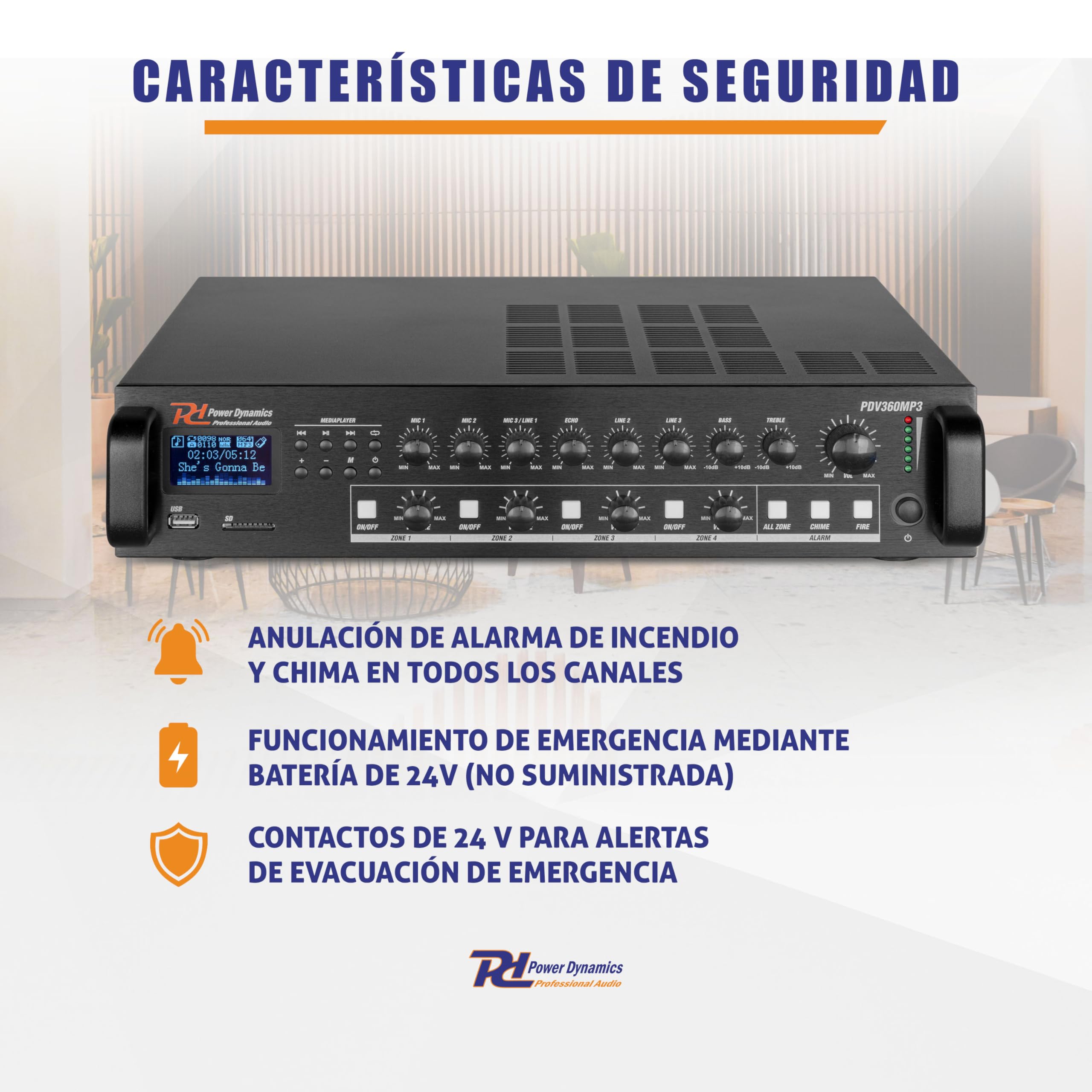 Power Dynamics BHW50BK + PDV360MP3 – Pack de 12 Altavoces Pared 5.25” 100V IPX5 con Amplificador 360W 4 Zonas Bluetooth USB SD FM y Cable 100m Sistema megafonia Profesional, Color Negro