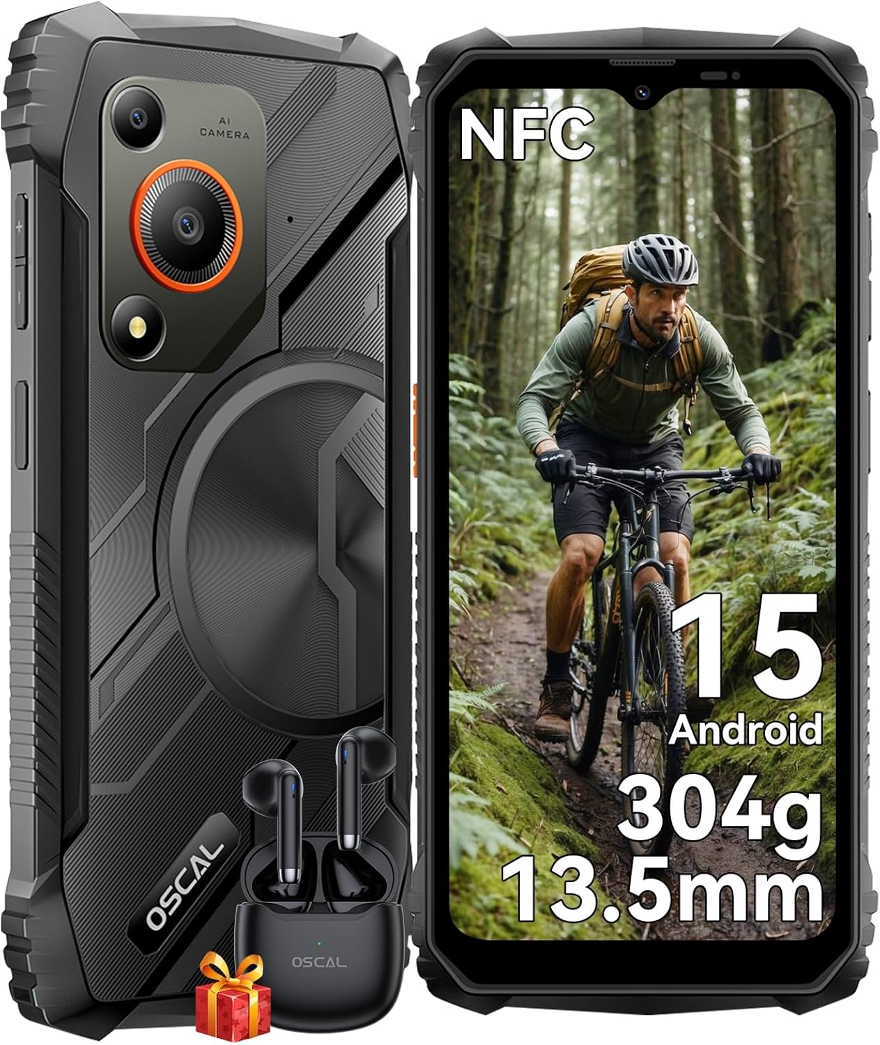 OSCAL Marine 1 Telephone Portable Incassable 2025, Android 15, 13,5mm et 304g Telephone Incassable, IP69K, 12GB+128GB/2To, 6,56" HD+ 90Hz, AI 16MP, 4G Dual SIM/Gemini AI 2.0/NFC/OTG/GPS/2Ans Garantie