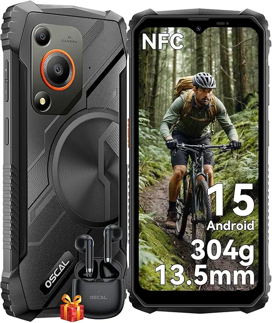 OSCAL Marine 1 Outdoor Handy Ohne Vertrag Android 15, 12GB+128GB/2TB TF Outdoor Smartphone, 6.56" HD+ 90Hz, 16MP+8MP AI Kamera Baustellenhandy 13,5 mm ultradünn, Dual 4G SIM/Face ID/GPS/IP68/I69K/NFC