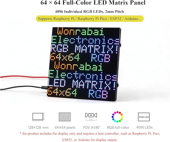 64 64 4096 RGB Full Color LED Matrix Panel, 2mm Pitch, Display Text/Colorful Image/Animation Adjustable Brightness Chainable Design, Compatible with Raspberry Pi/Pi Pico / ESP32/Ardui