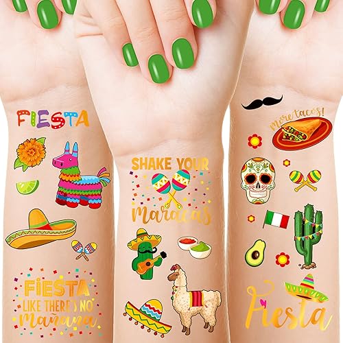 288 piezas de 48 estilos Cinco de Mayo tatuajes temporales para fiestas de fiesta Cinco de Mayo, decoraciones de fiesta de taco, piñata, tatuajes